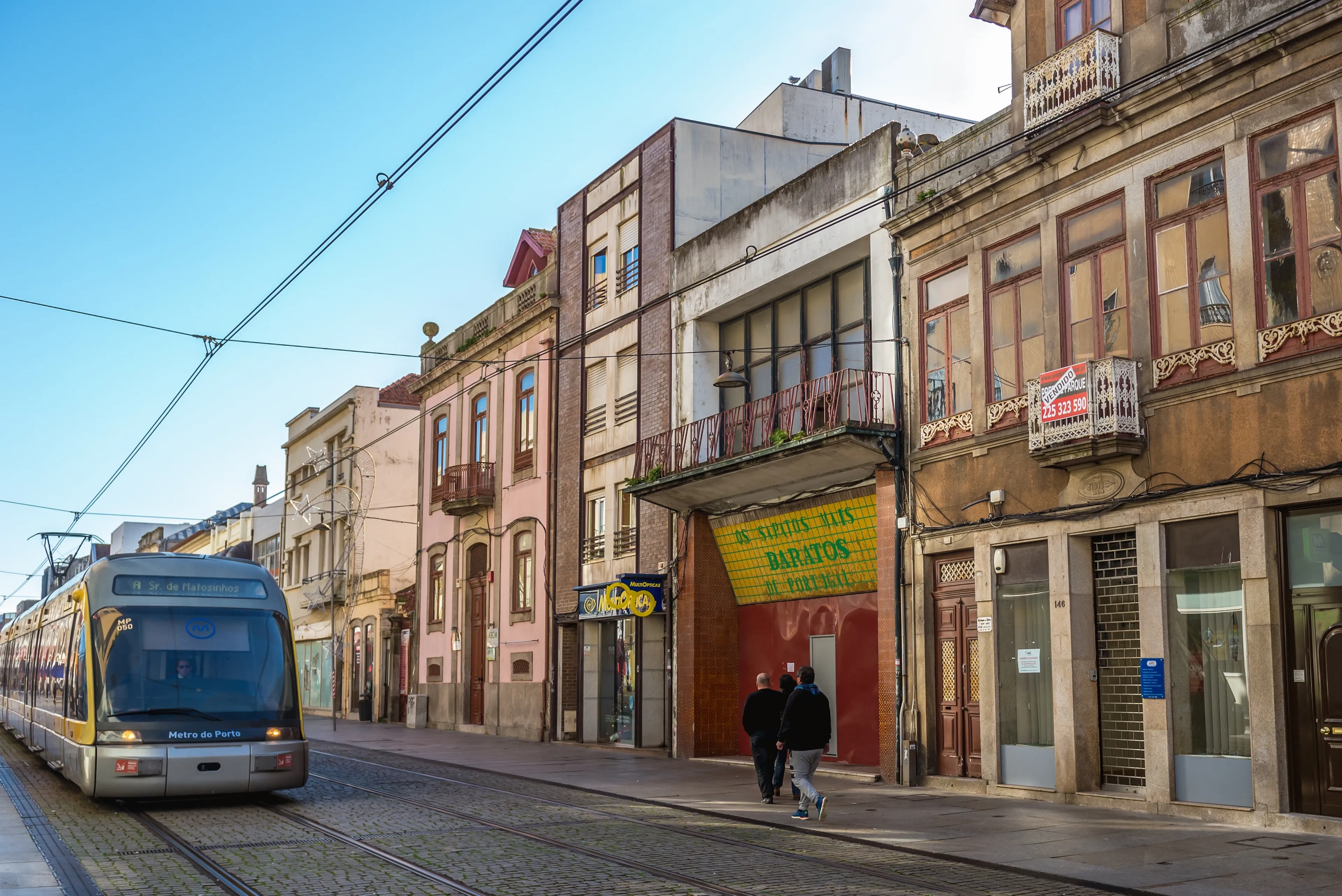 Matosinhos, Portugal - December 9, 2016: Eurotram metro train on Brito Capelo street in Matosinhos