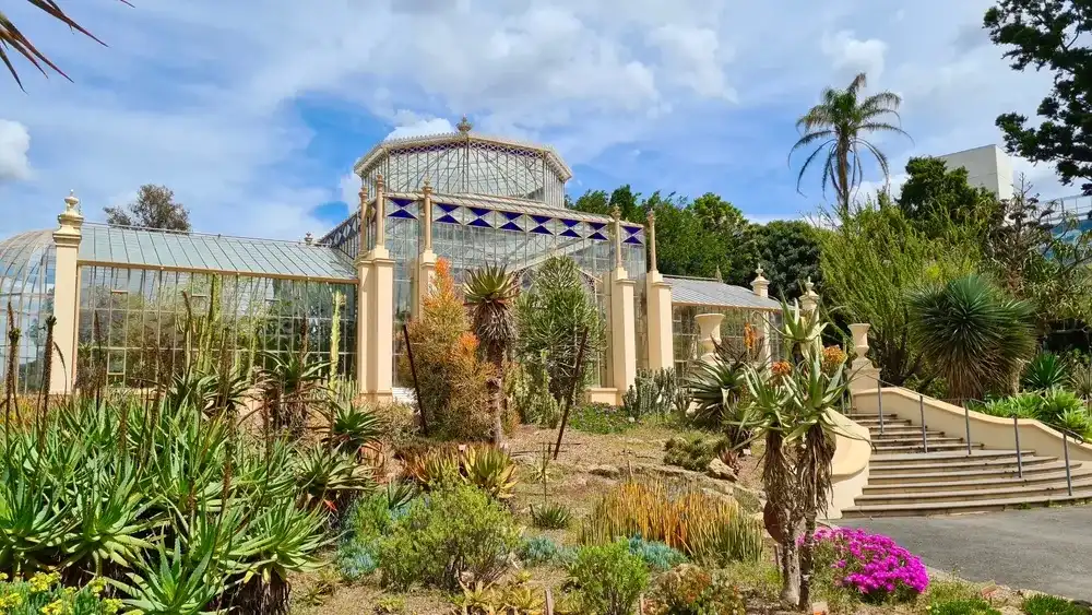 A beautiful historical stained glass greenhouse in the Adelaide Botanic Garden 