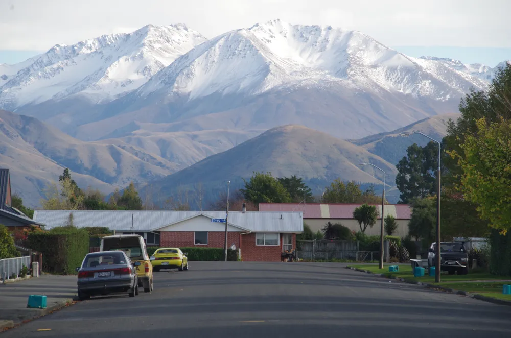 Methven, Canterbury, New Zealand. May 18, 2015. Snow capped mountains view from the town. Te Araroa Trail.