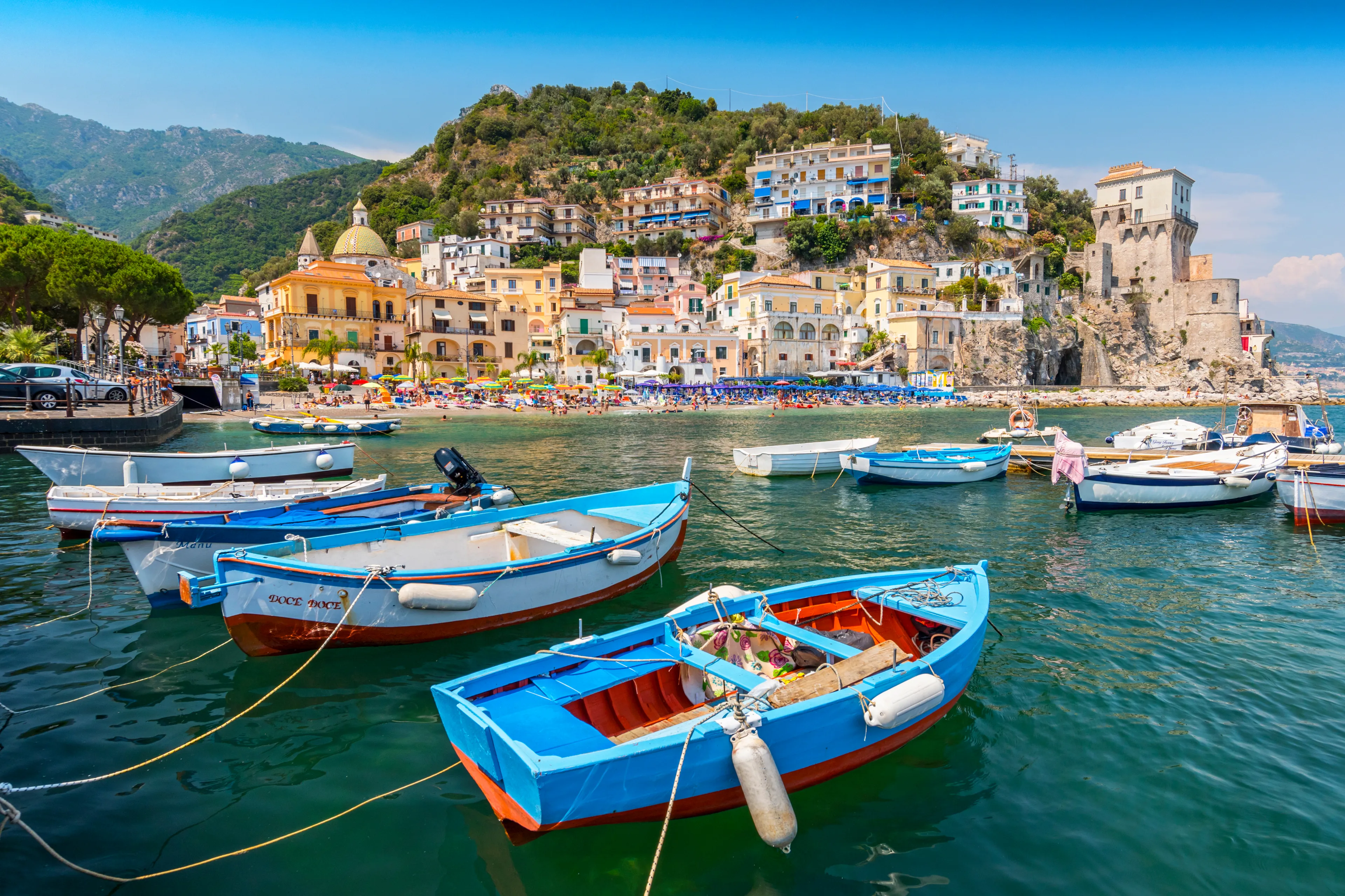 June 14, 2017. Leisure boats and traditional buildings in Cetara harbor, Amalfi coast, Italy.