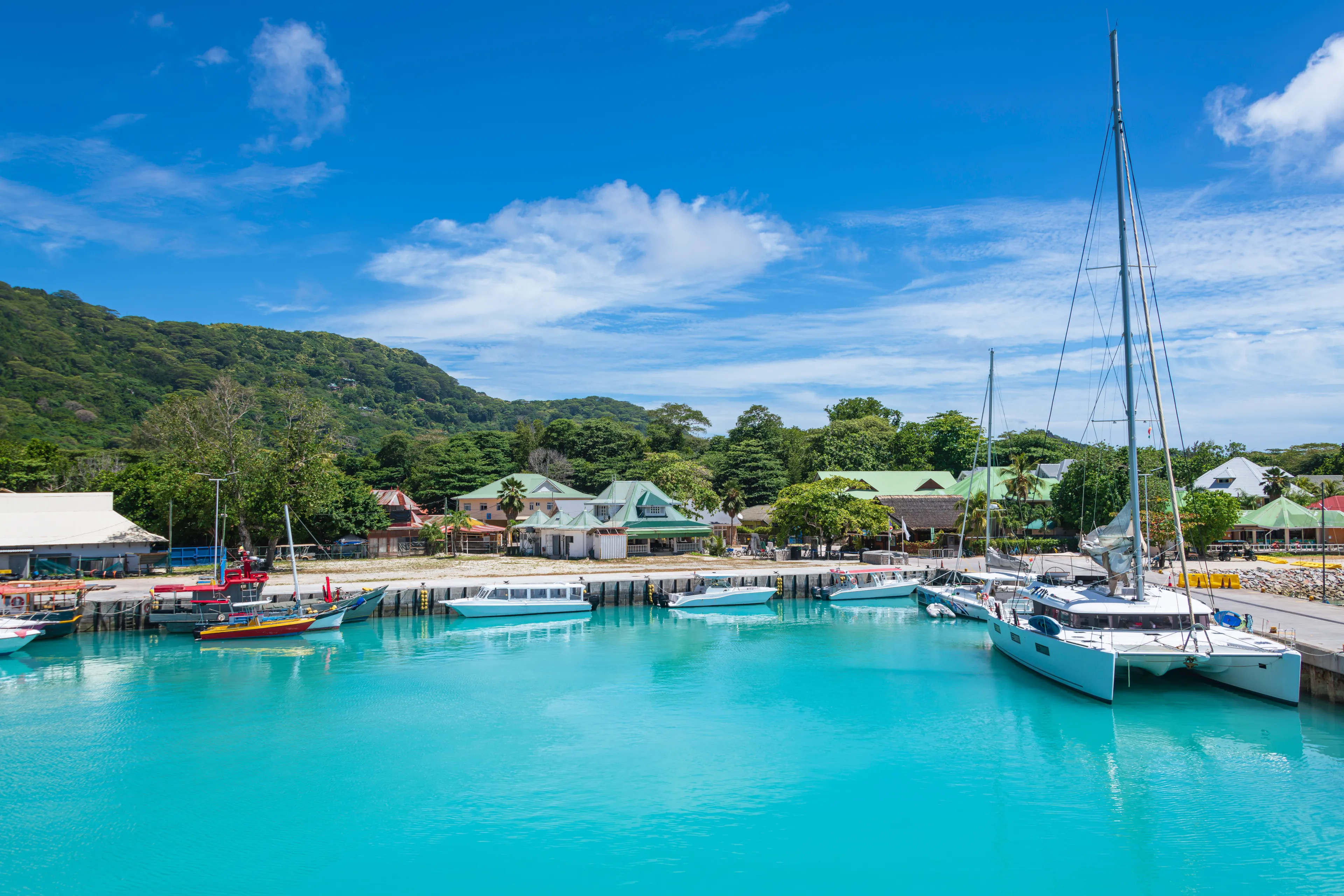 Panoramic View Over The Ferry Harbor Of La Passe On La Digue Island, Seychelles