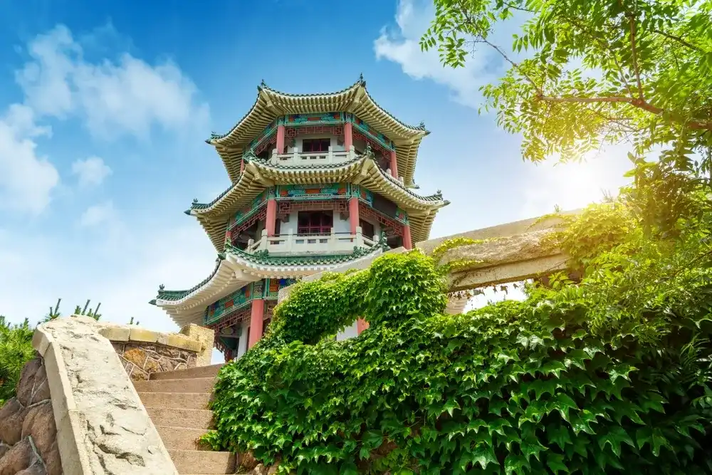 A Chinese-style building located on a hill: Pavilion. Qingdao, China.