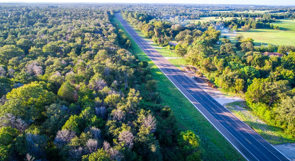 Endless Forest Straight down Abstract drone view above Thick Forest in Bastrop , Texas Texas road to no where
