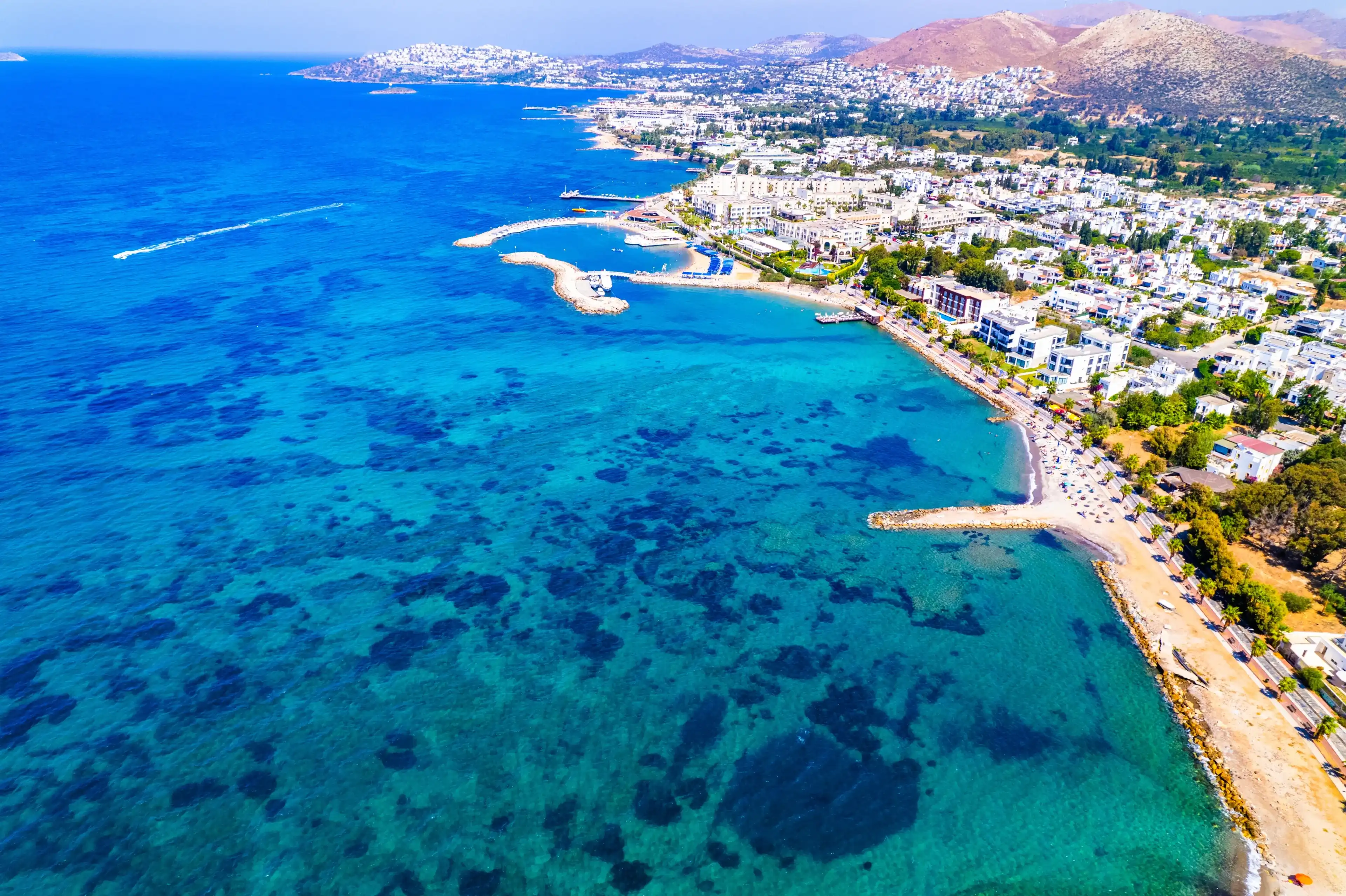 Aerial view of Turgutreis, Bodrum. Mugla, Turkey. Panoramic view of Turgutreis beach. Drone shot. Aerial view of Turgutreis, Bodrum. Mugla, Turkey. Panoramic view of Turgutreis beach. Drone shot.
