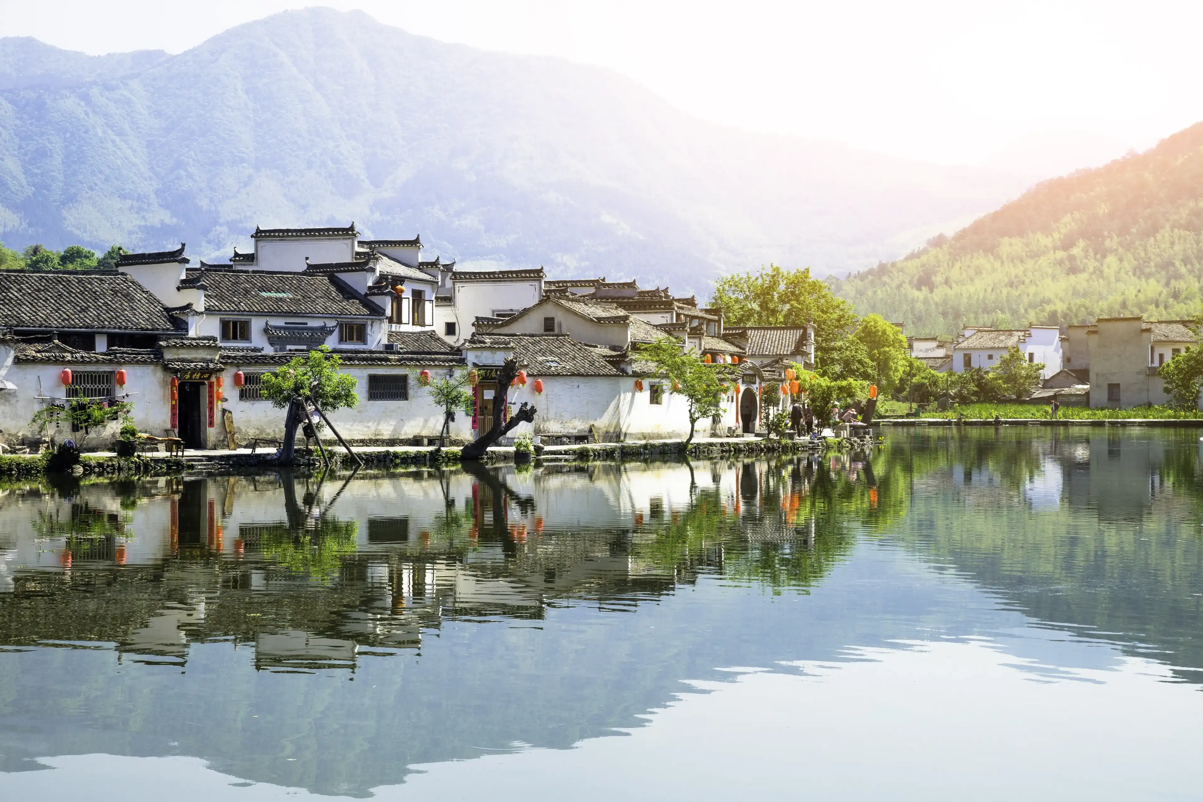 Hongcun village scenery in Huangshan, Anhui, China. The village is an ancient village. It is located near Mount Huangshan. Hongcun is a famous historical village in China, UNESCO heritage site