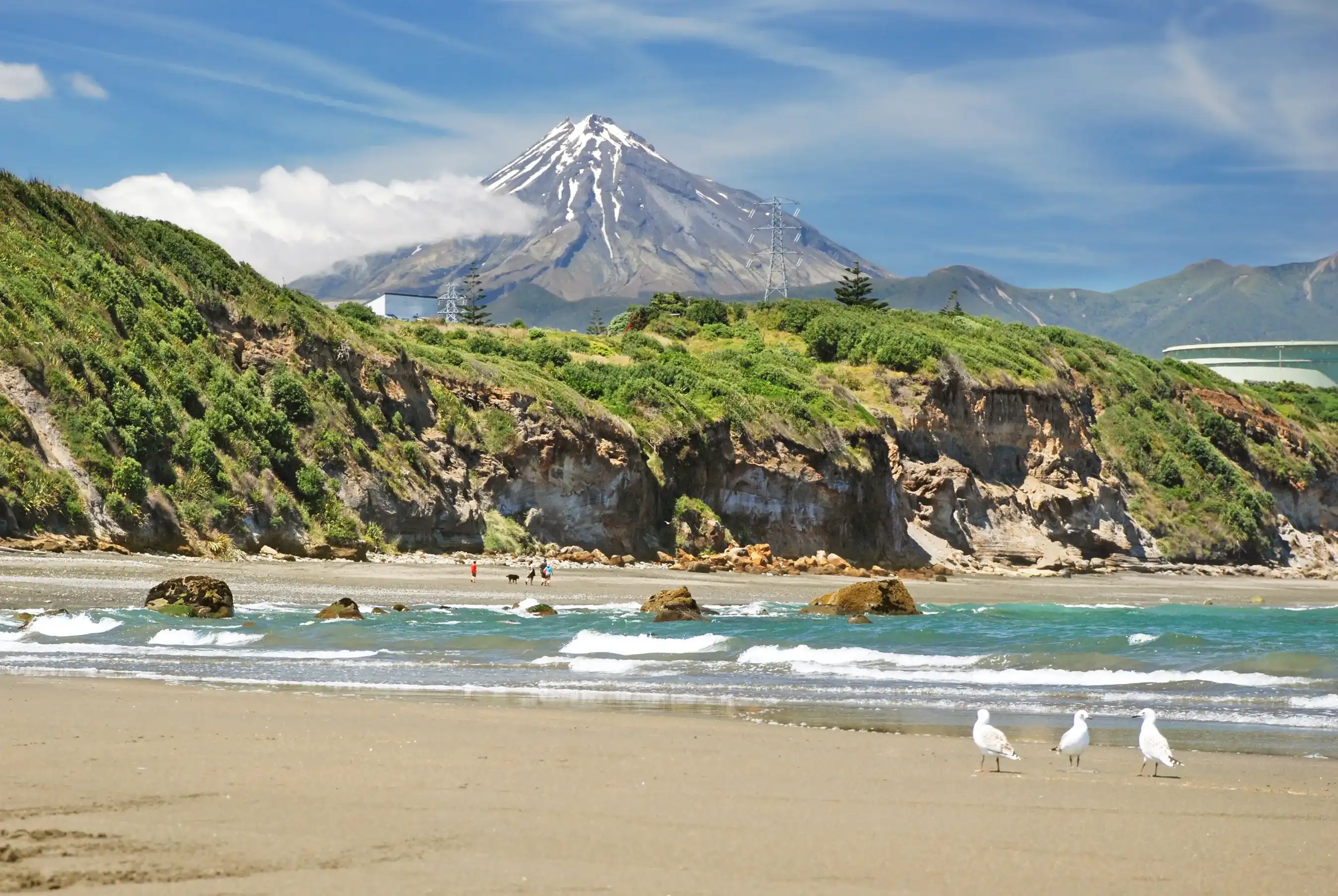 Beach in New Plymouth with Mt. Taranaki in the background, New Plymouth, New Zealand