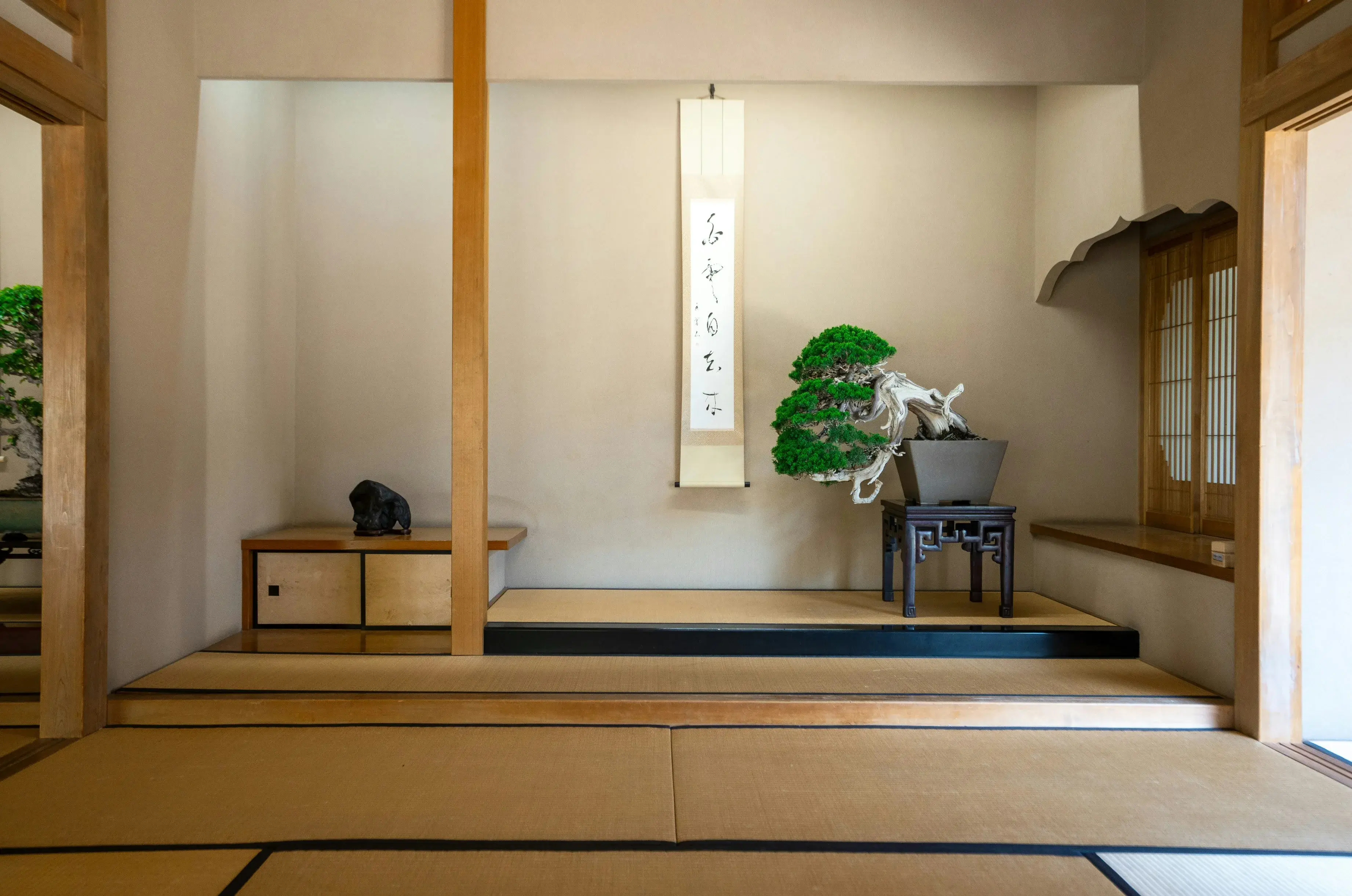 Inside a traditional Japanese tea ceremony room with bonsai Inside a traditional Japanese tea ceremony room with bonsai