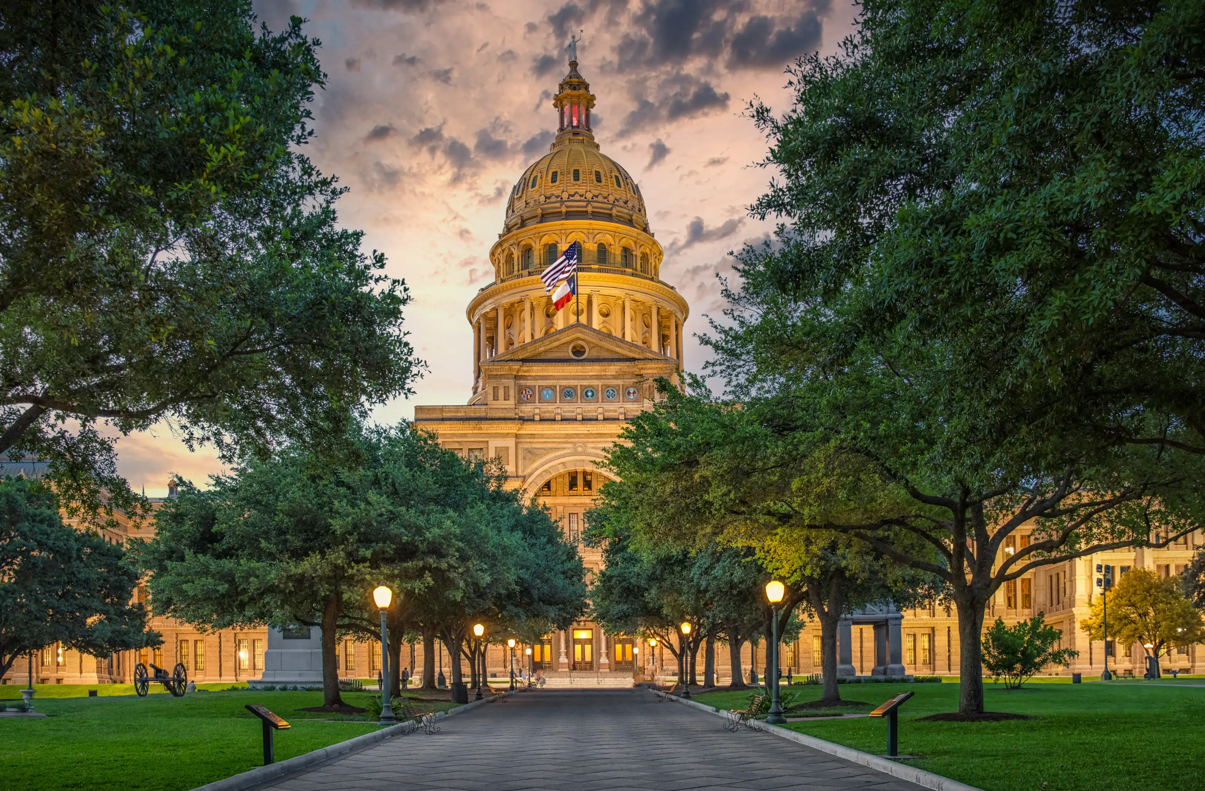 Austin State Capitol with beautiful yellow sunset