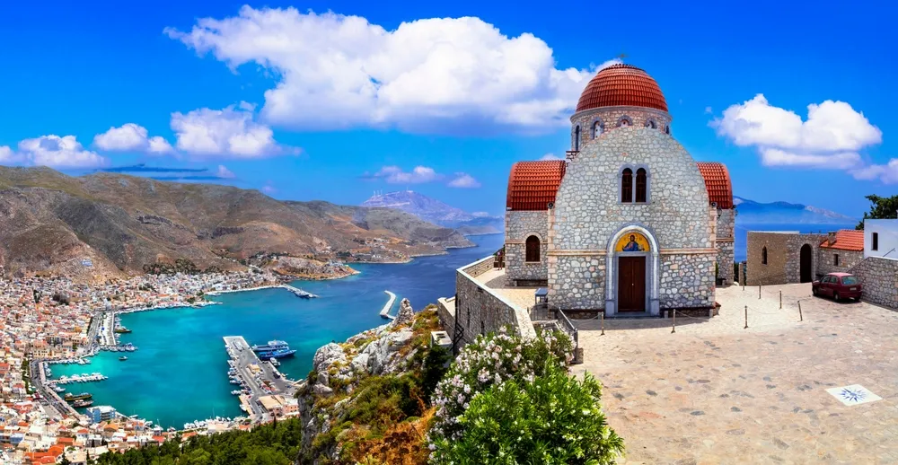  Greece travel- beautiful Kalymnos island, Dodecanese. view of town and agios Savvas monastery