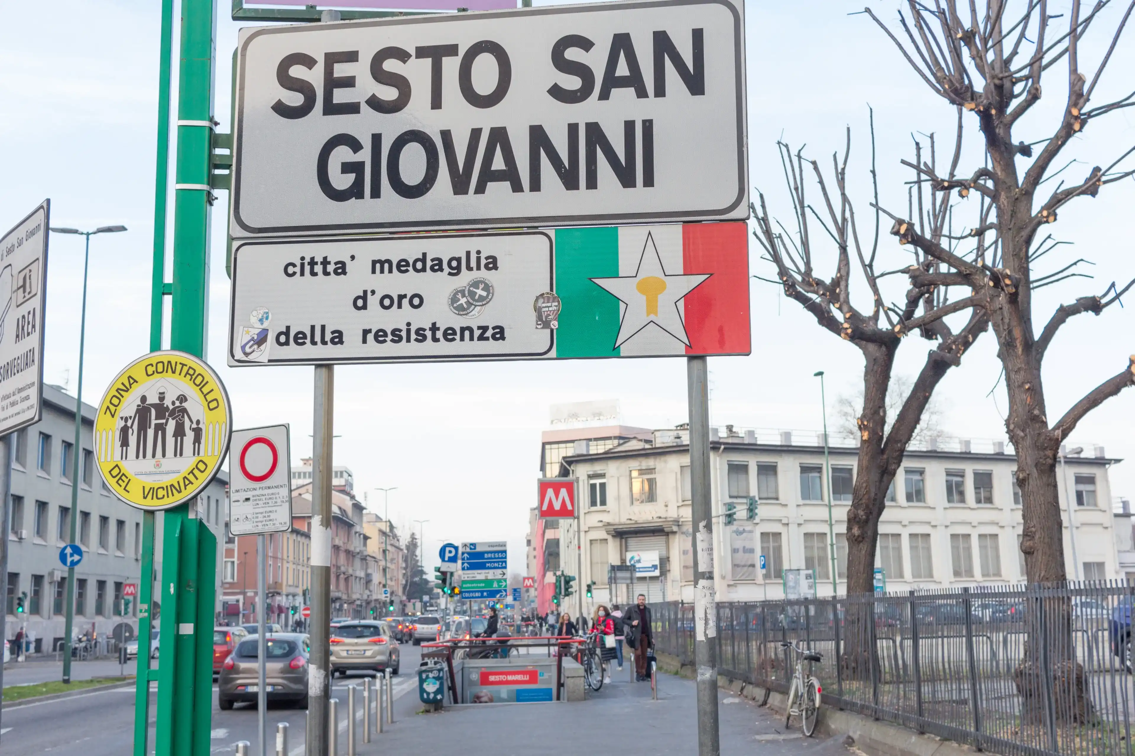 SESTO SAN GIOVANNI, ITALY - FEBRUARY 23, 2020: Place sign city of Sesto San Giovanni, Milan, Italy SESTO SAN GIOVANNI, ITALY - FEBRUARY 23, 2020: Place sign city of Sesto San Giovanni, Milan, Italy