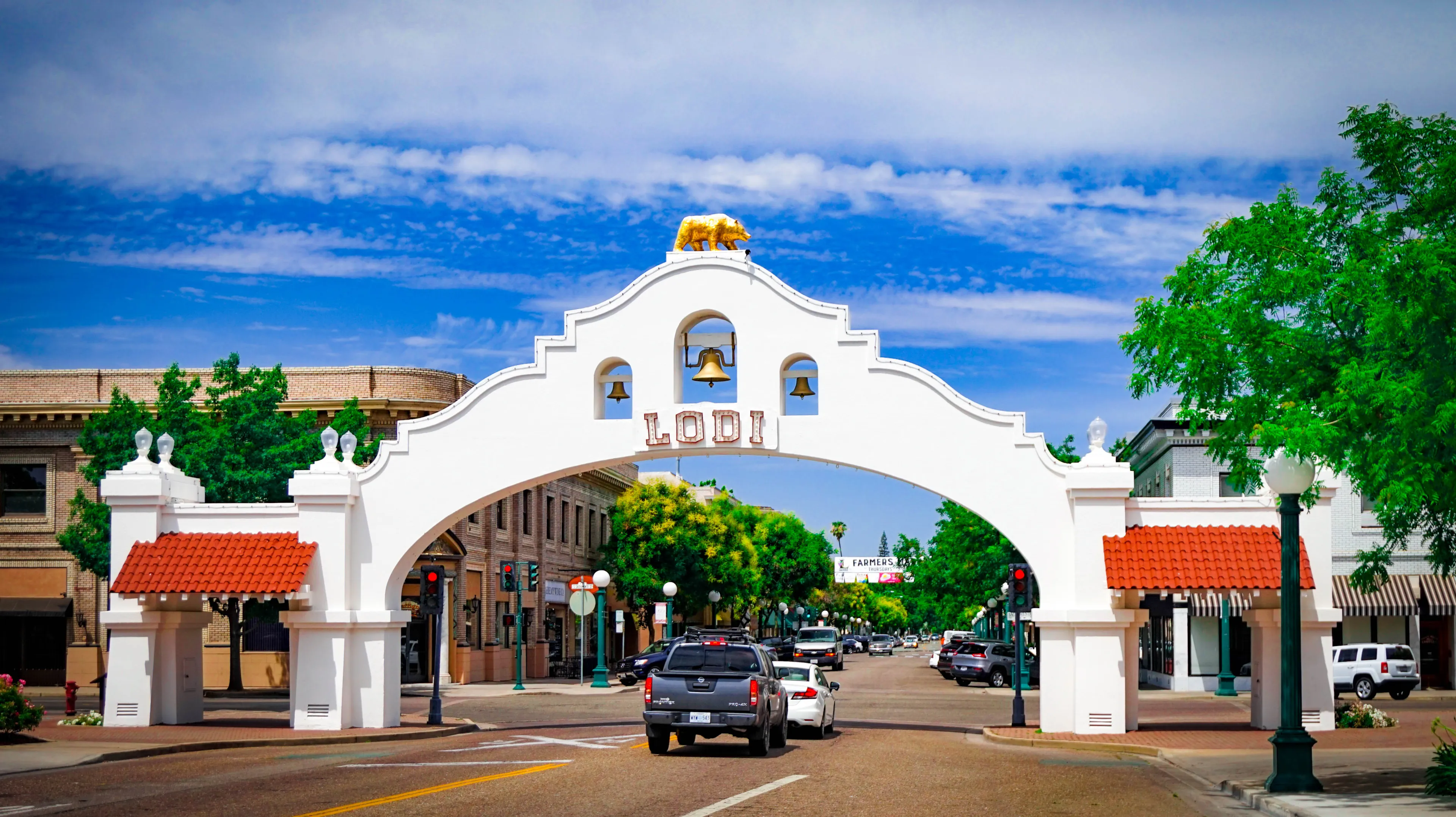 Lodi, California, USA - June 6th, 2018: Downtown area in late spring with beautiful blue sky
