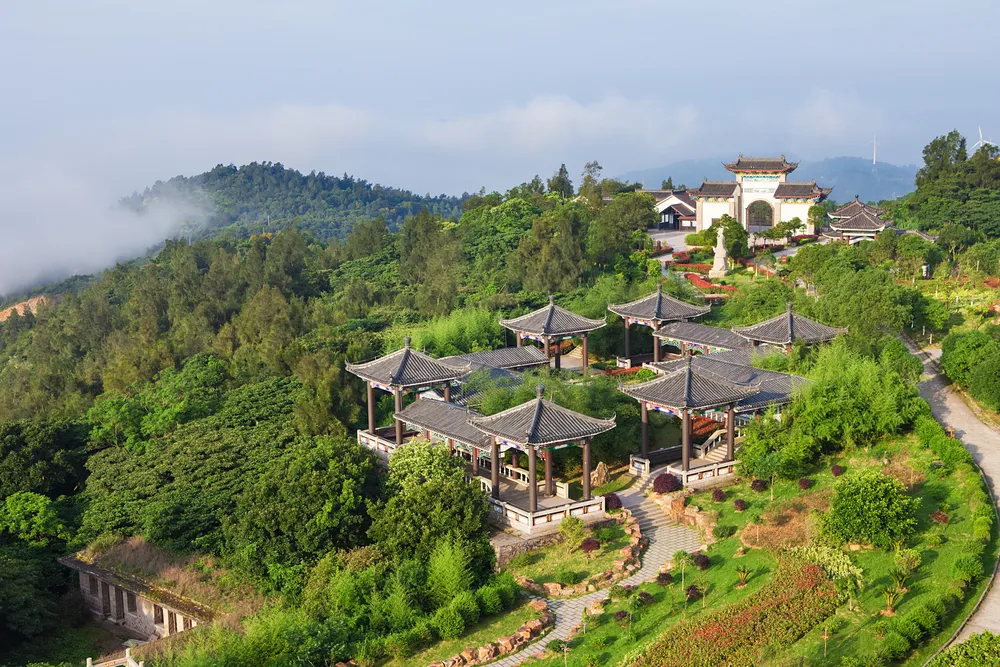 Beautiful ancient temple on the seaside with blue sky and fog, Dongtou island, Wenzhou, Zhejiang province, China