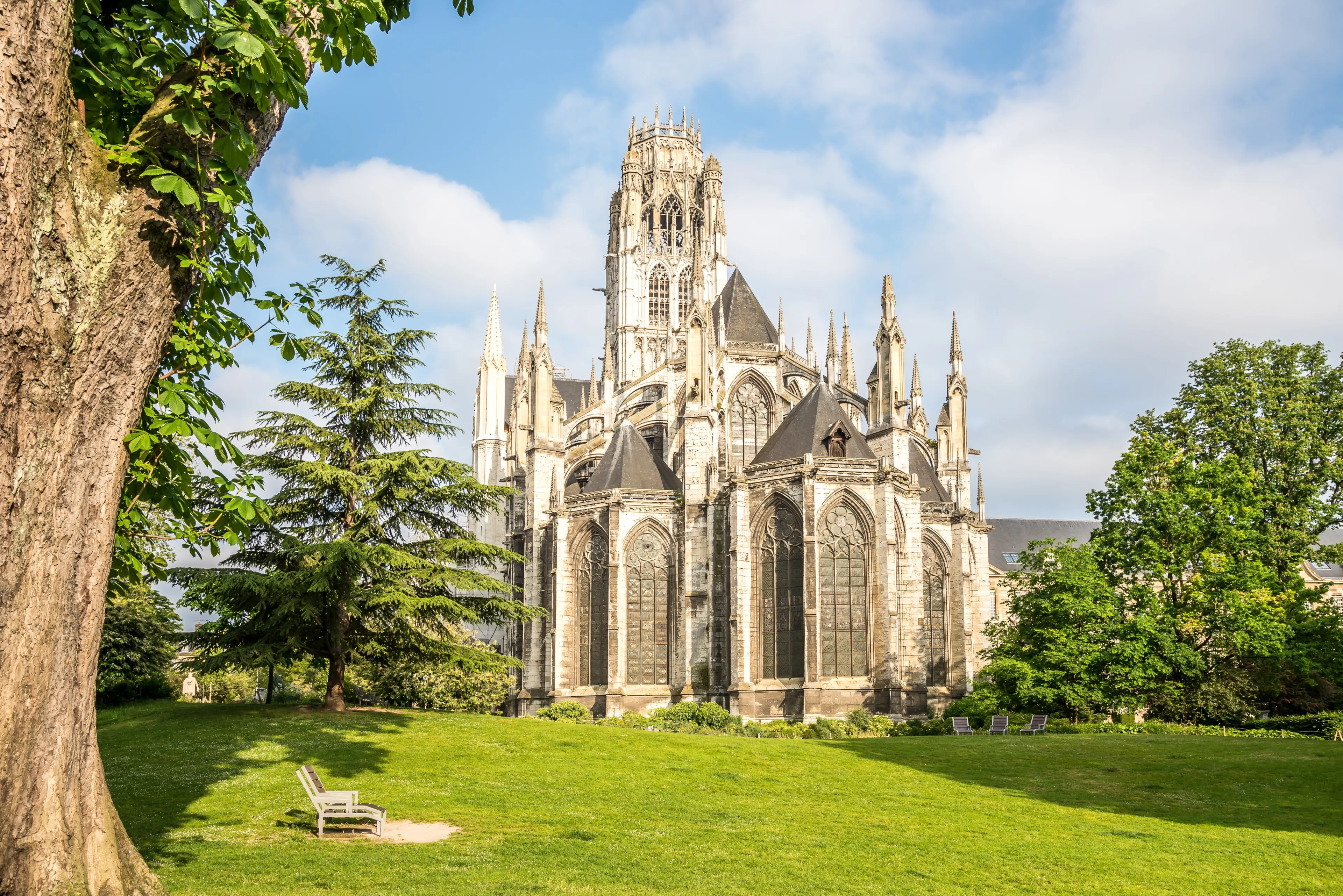 View at the Saint Ouen Abbey Church in the streets of Rouen in France