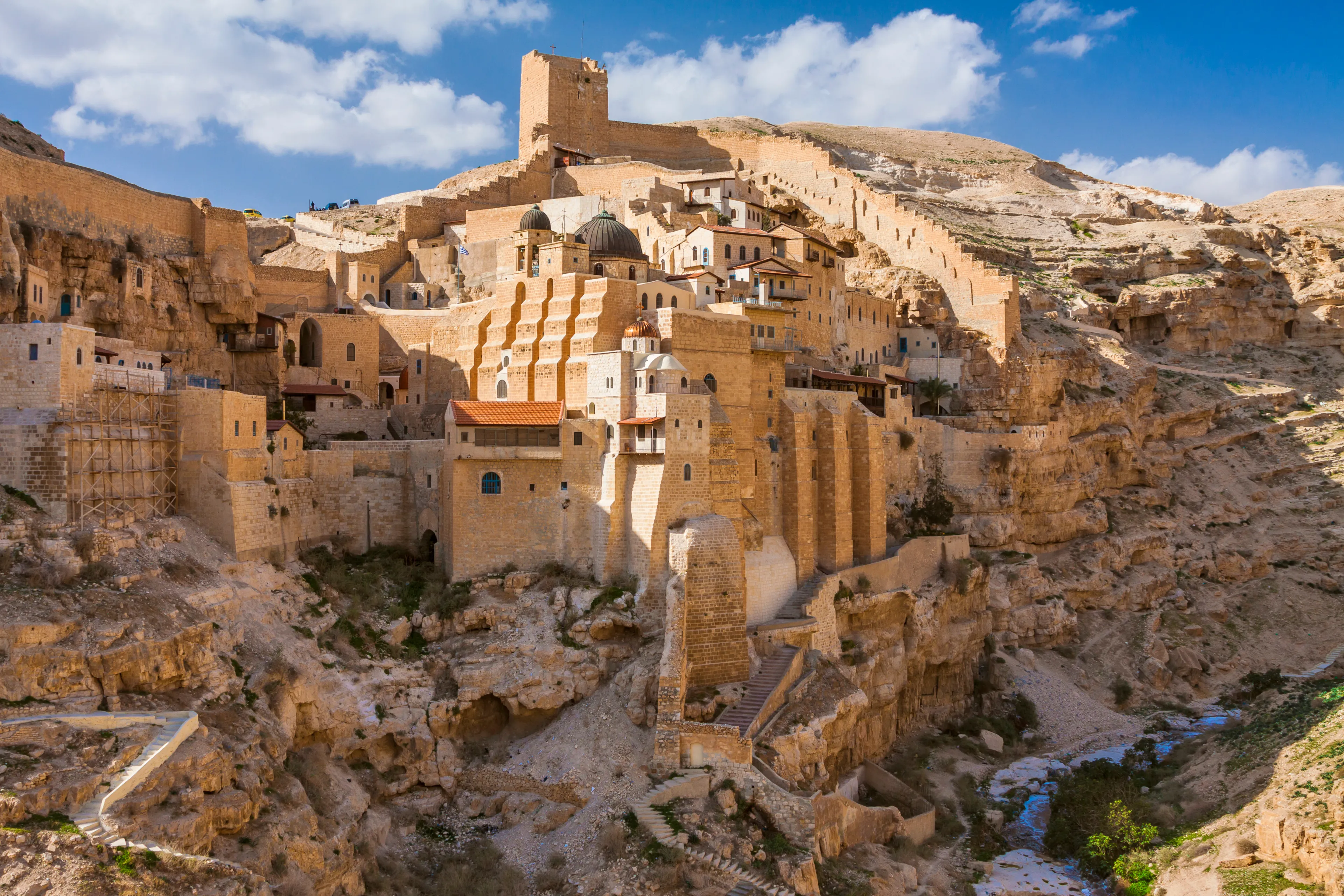 Israel - Palestine / West Bank - Bethlehem - Holy Lavra of Saint Sabbas the Sanctified (Mar Saba) monastery on the wall of Kidron valley in Judean desert
