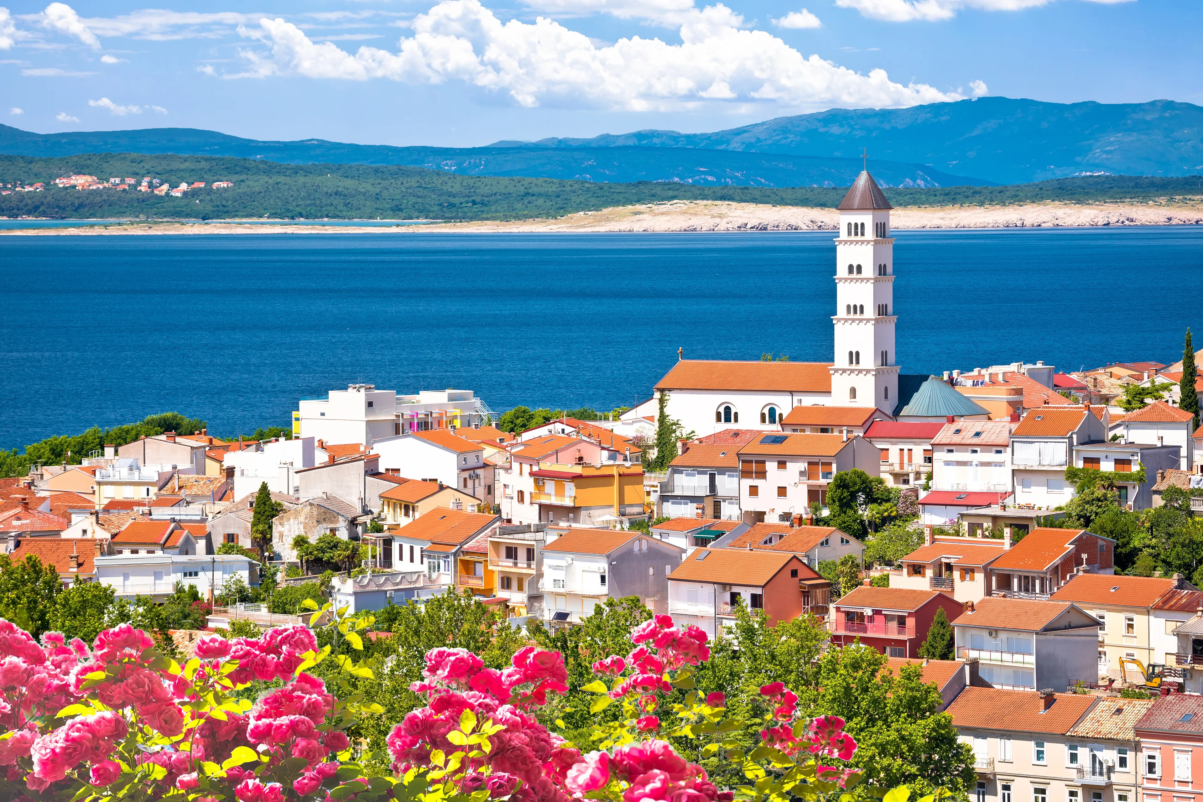 Crikvenica. Town on Adriatic sea church and landscape aerial view. Kvarner bay region of Croatia
