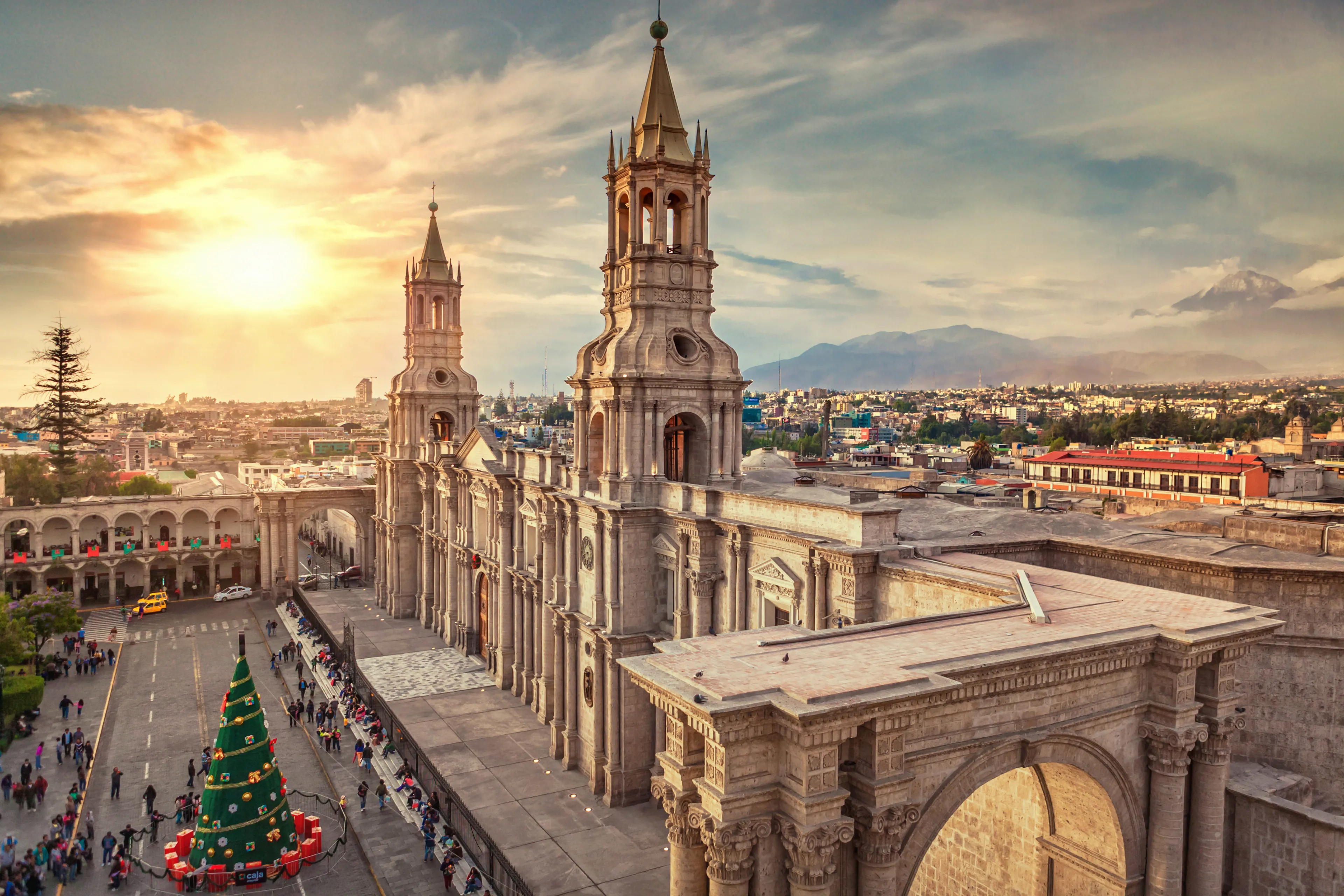 Arequipa Cathedral, view at sunset, Peru