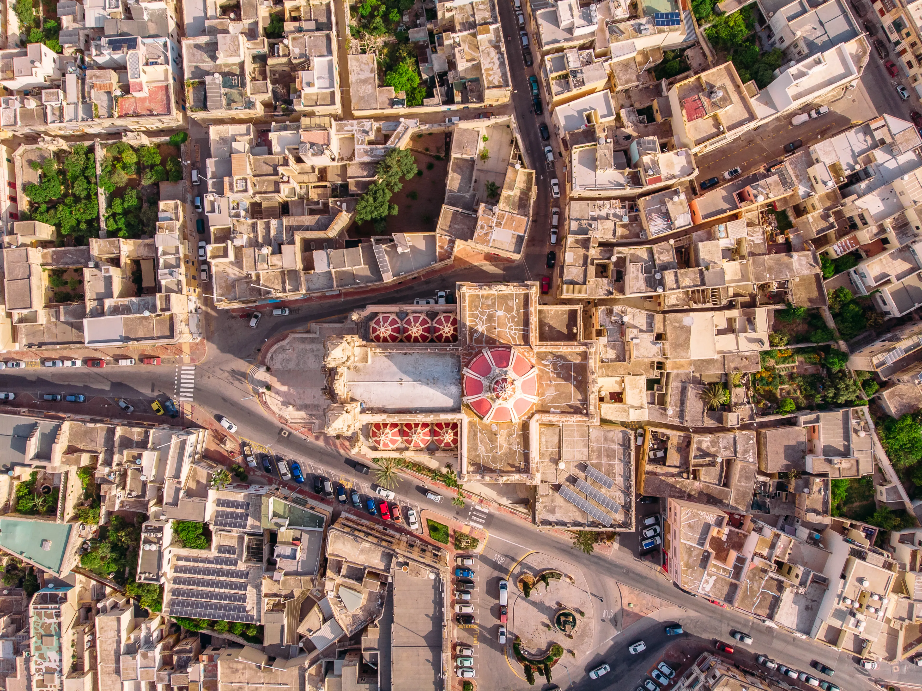 Zabbar church parish dome Malta, aerial top view.
