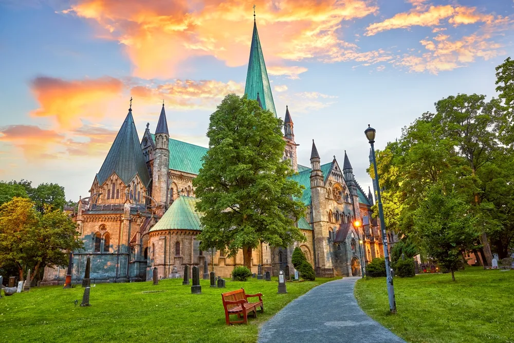 Nidaros Cathedral called Nidarosdomen at sunset in Trondheim, Norway