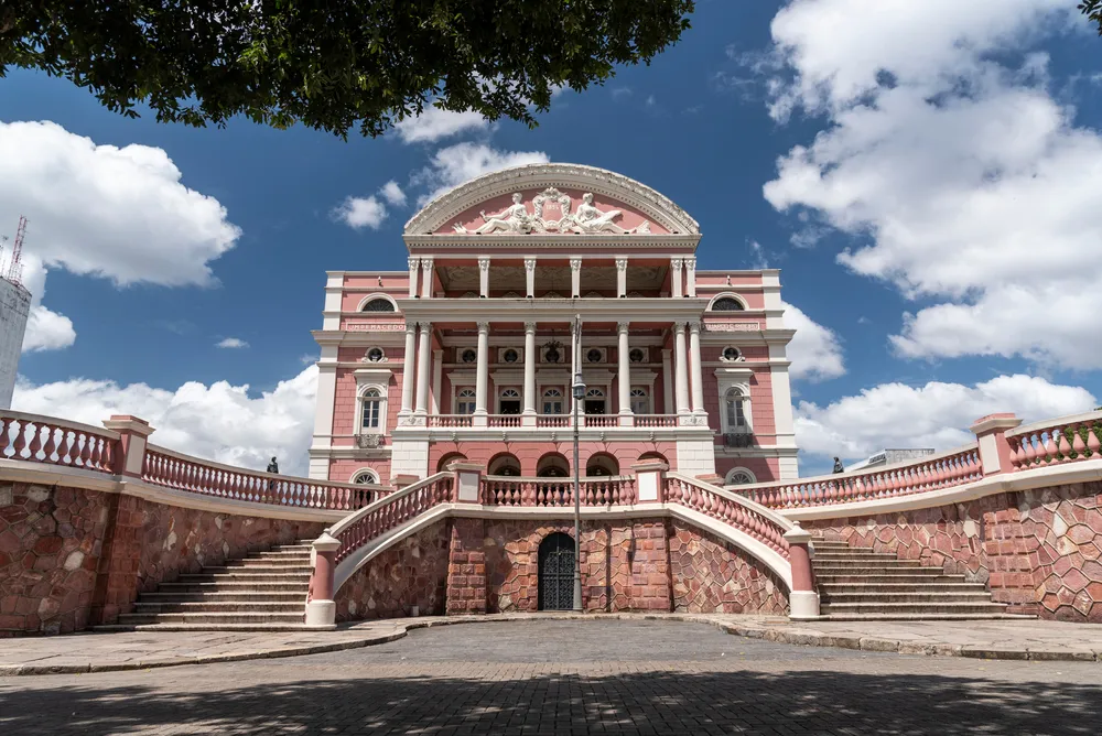 View to pink historic Teatro Amazonas building in central Manaus, Amazonas, Brazil