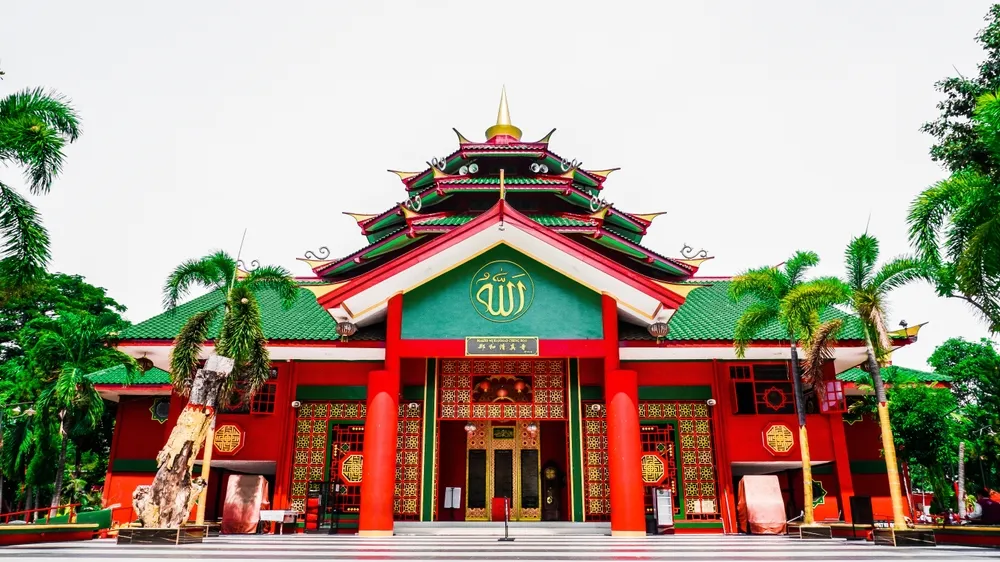Pasuruan, Indonesia, November 18, 2024: Muhammad Cheng Hoo mosque architecture photograph looks from below. Historical building at Pasuruan city, east java