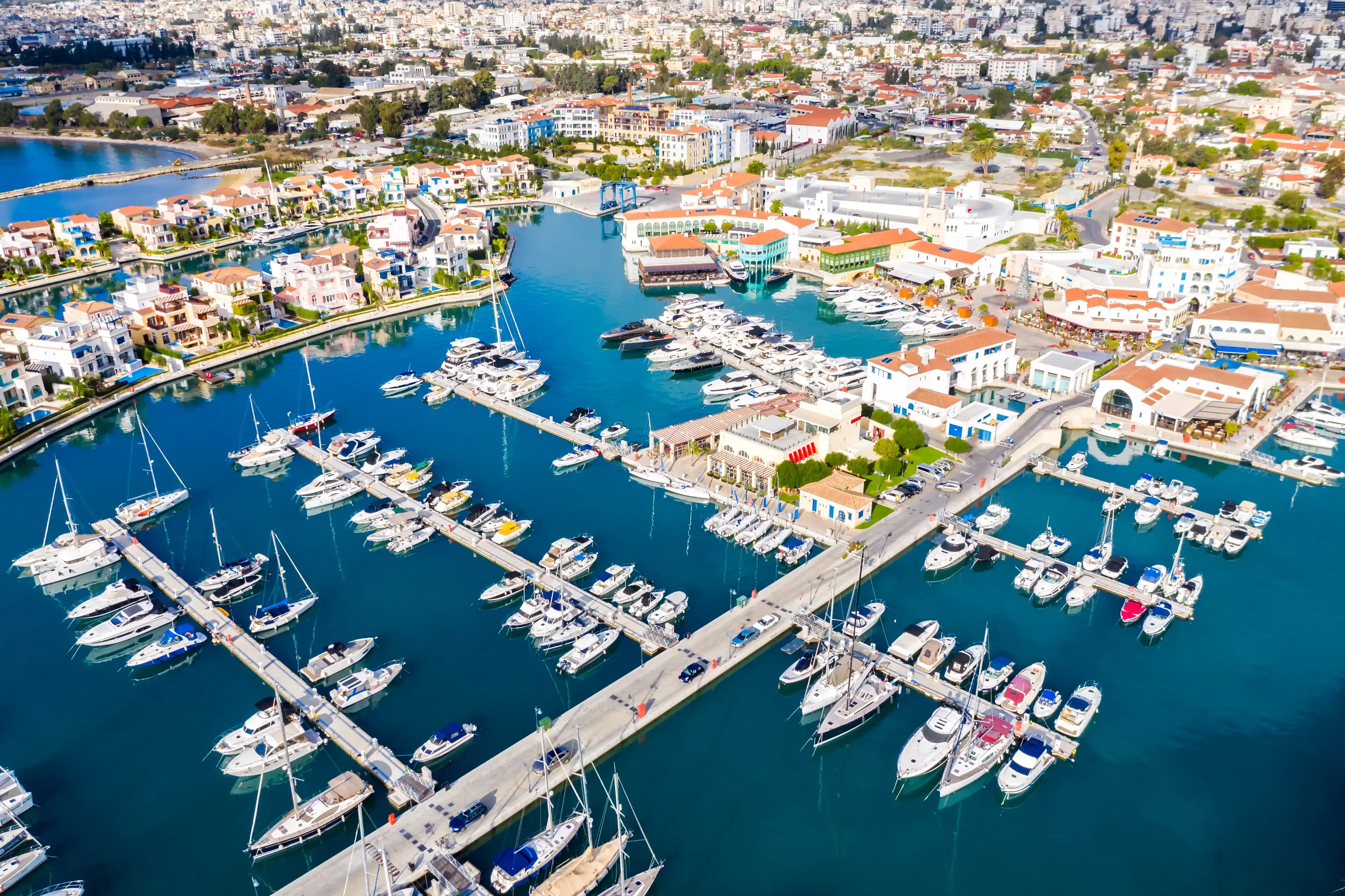 Aerial drone view of Limassol marina. Cyprus