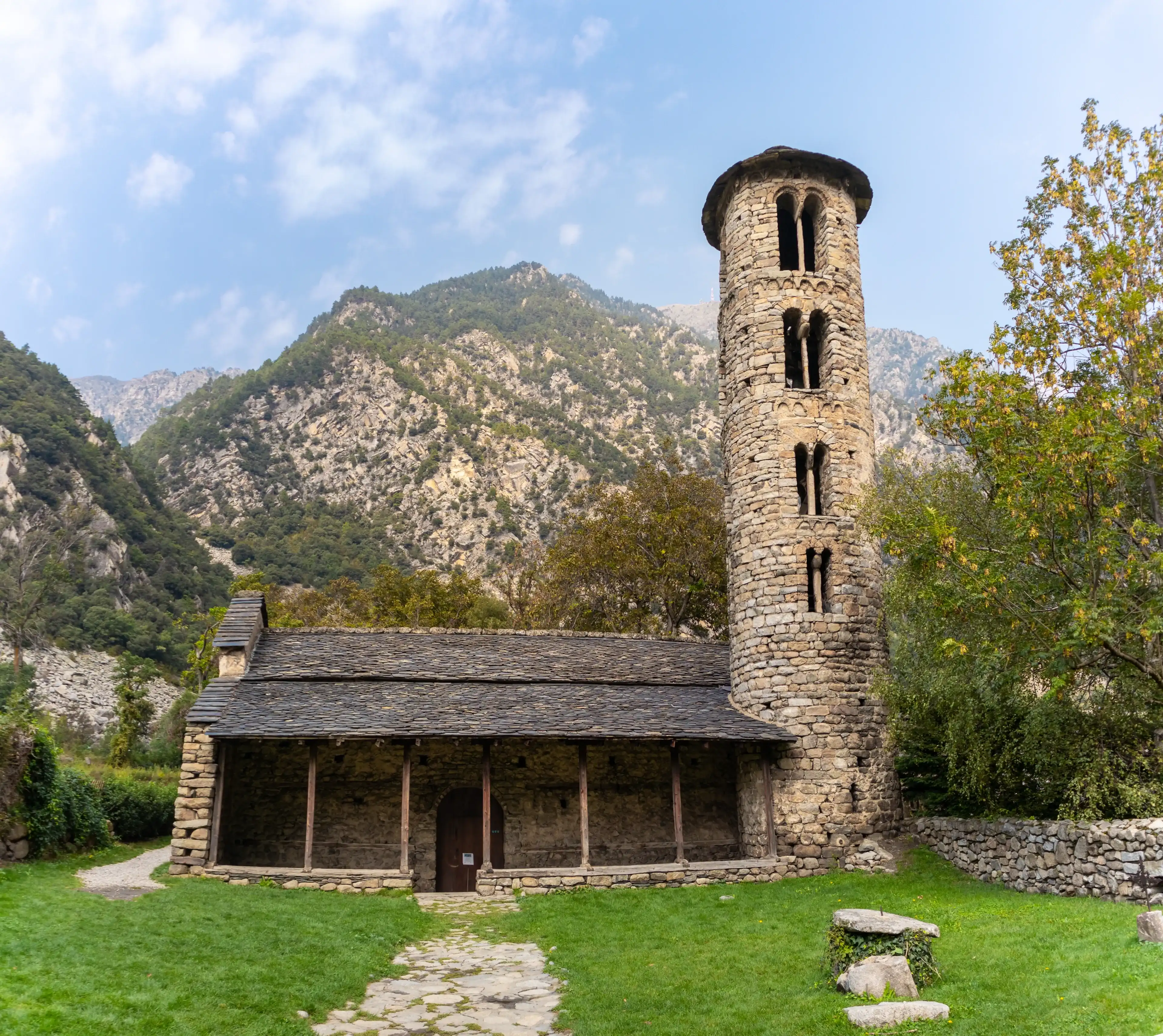 Església de Santa Coloma, Andorra's oldest church, romanesque style, frontal facade Església de Santa Coloma, Andorra's oldest church, romanesque style, frontal facade