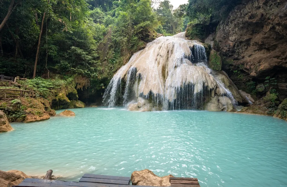 Beautiful view of Koh Luang Waterfall in Maeping National Park of Lamphun province, Thailand. It is a limestone waterfall with spectacular beauty.