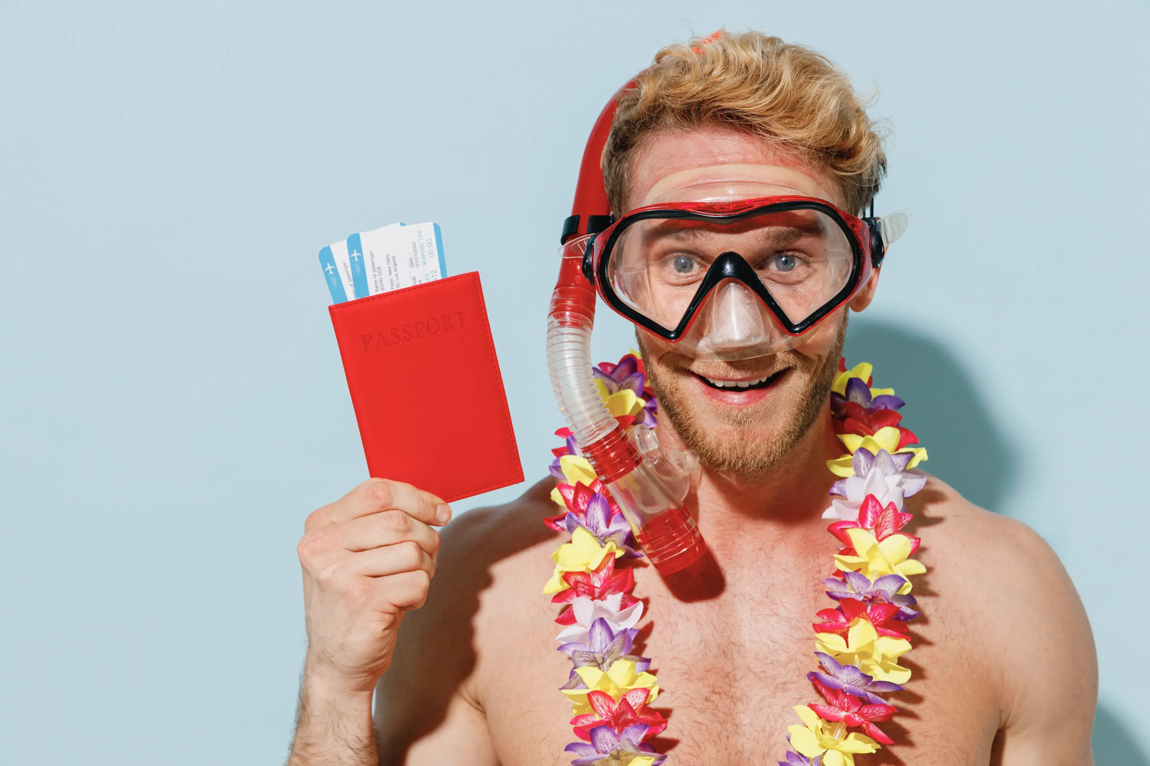 Close up raveler tourist young man in swimsuit hawaii lei diving mask hold passport ticket isolated on blue background Passenger travel abroad on weekends getaway Air flight sea rest journey concept Close up raveler tourist young man in swimsuit hawaii lei diving mask hold passport ticket isolated on blue background Passenger travel abroad on weekends getaway Air flight sea rest journey concept