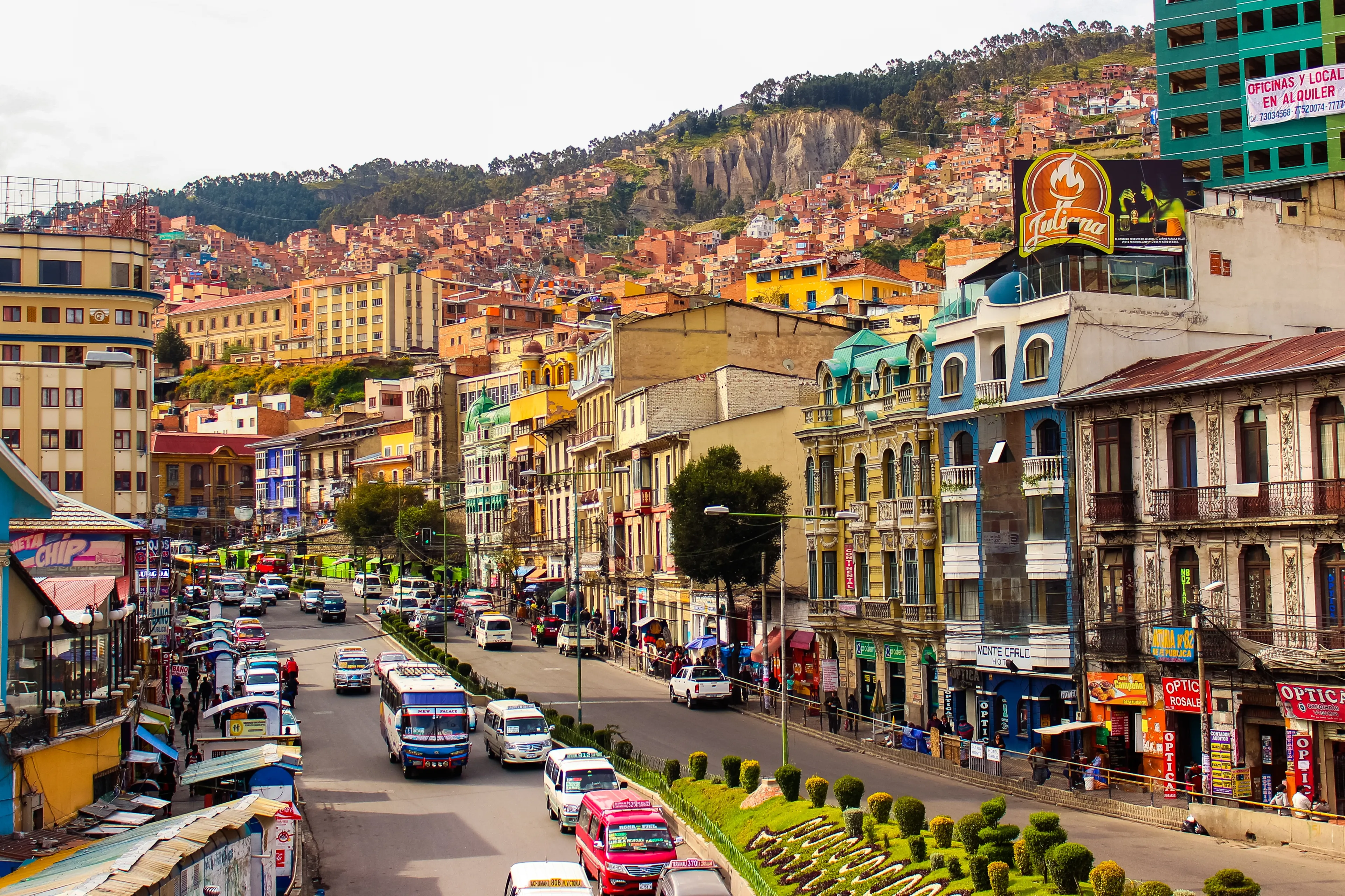 La Paz, La Paz Department, Bolivia. April 6, 2018: busy avenue in La Paz city