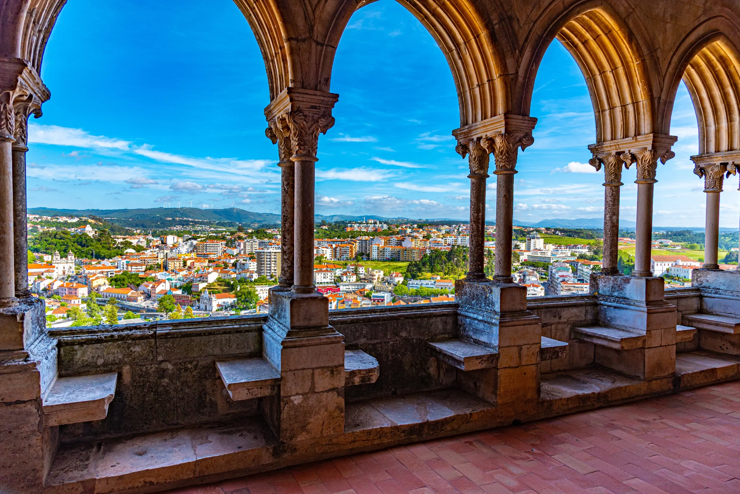 View of Leiria through arcade of the local castle, Portugal