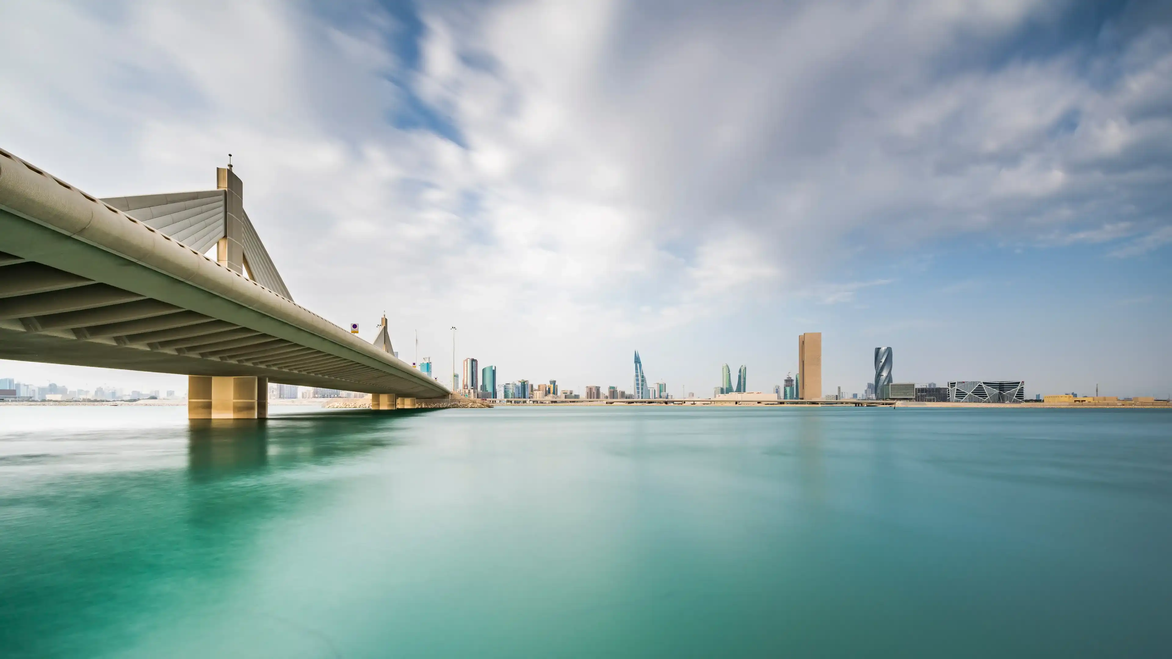 Manama, Bahrain -April 30, Beautiful long exposure shot of Muharraq bridge and Manama City, Bahrain 2018