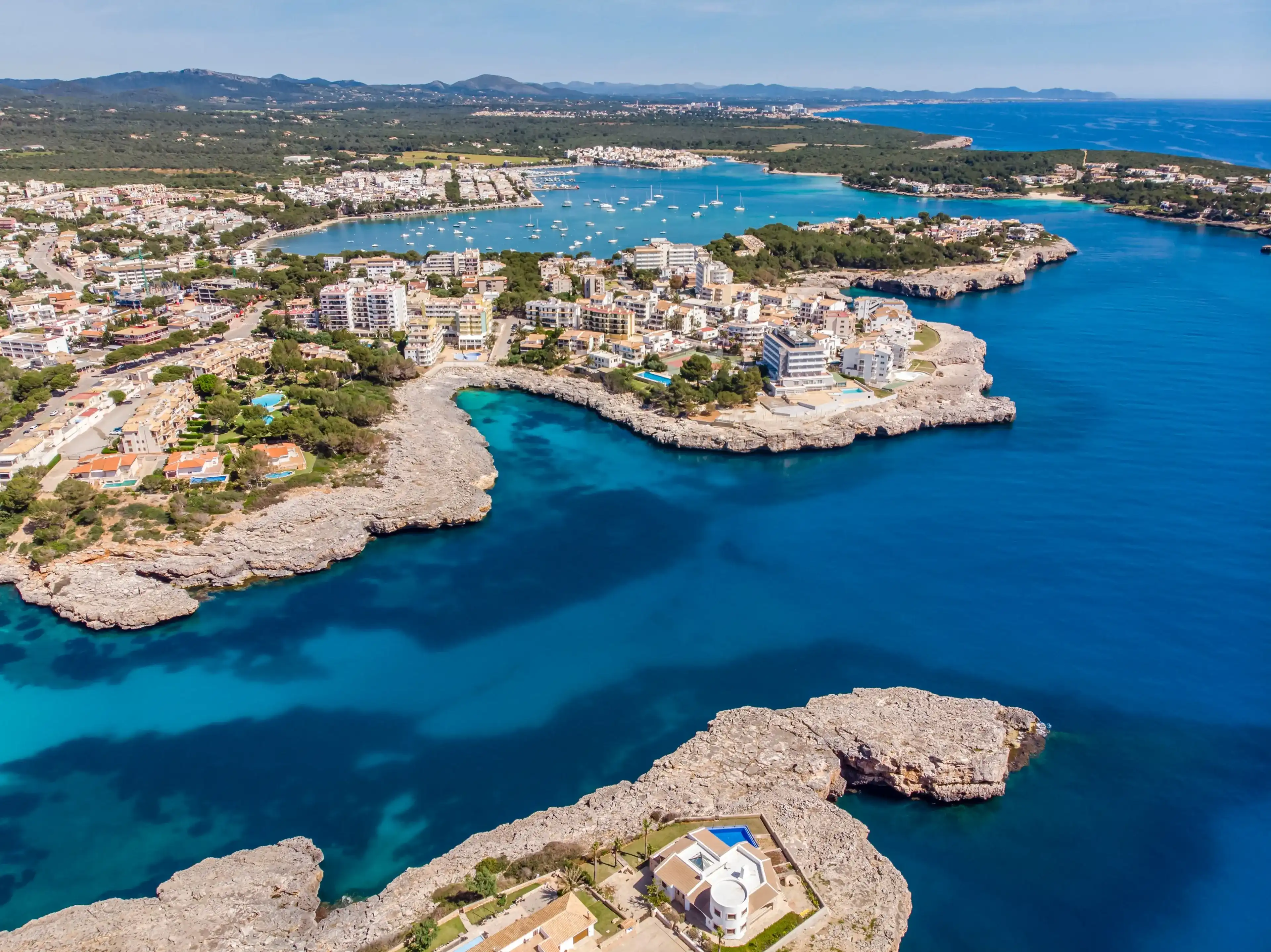 Porto Colom aerial view, Felanitx, Mallorca, Balearic Islands, Spain Porto Colom aerial view, Felanitx, Mallorca, Balearic Islands, Spain