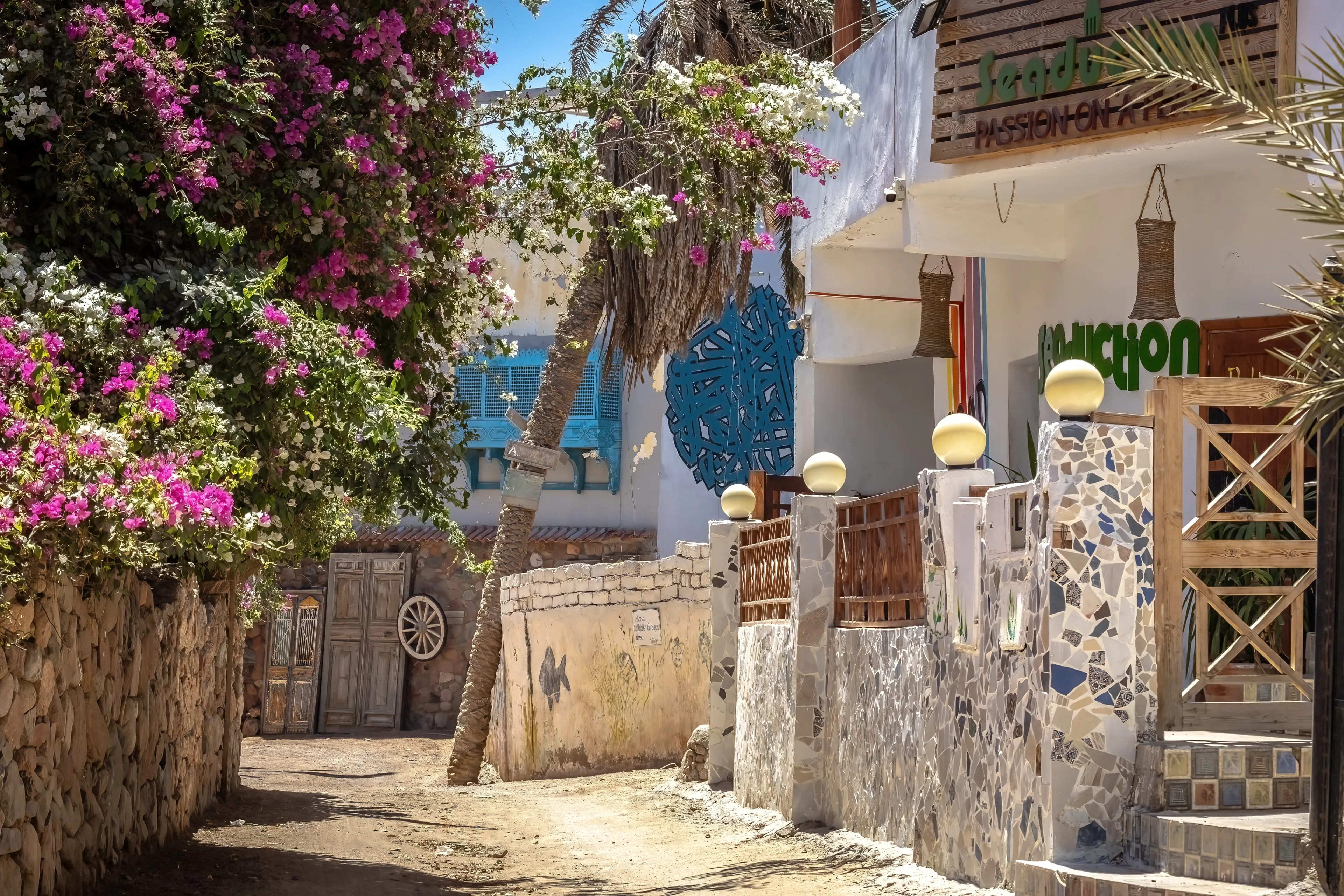 DAHAB, EGYPT - November 12,2023: Dahab Assala area, narrow street, shops and cafes Egypt