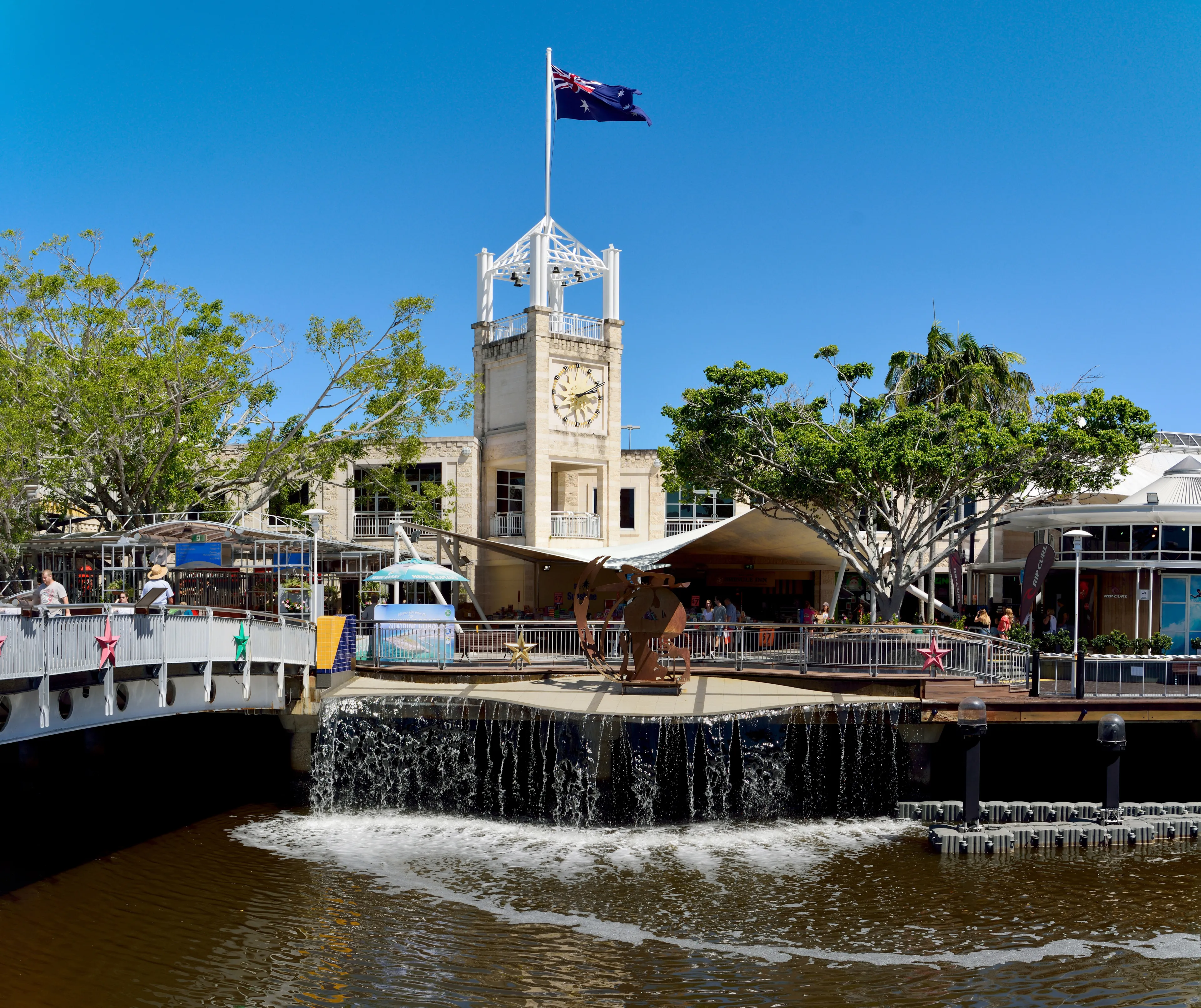 Maroochydore, Queensland, Australia - December 15, 2017. Street view in Maroochydore, with Sunshine Plaza, commercial properties, artificial waterfall and people.