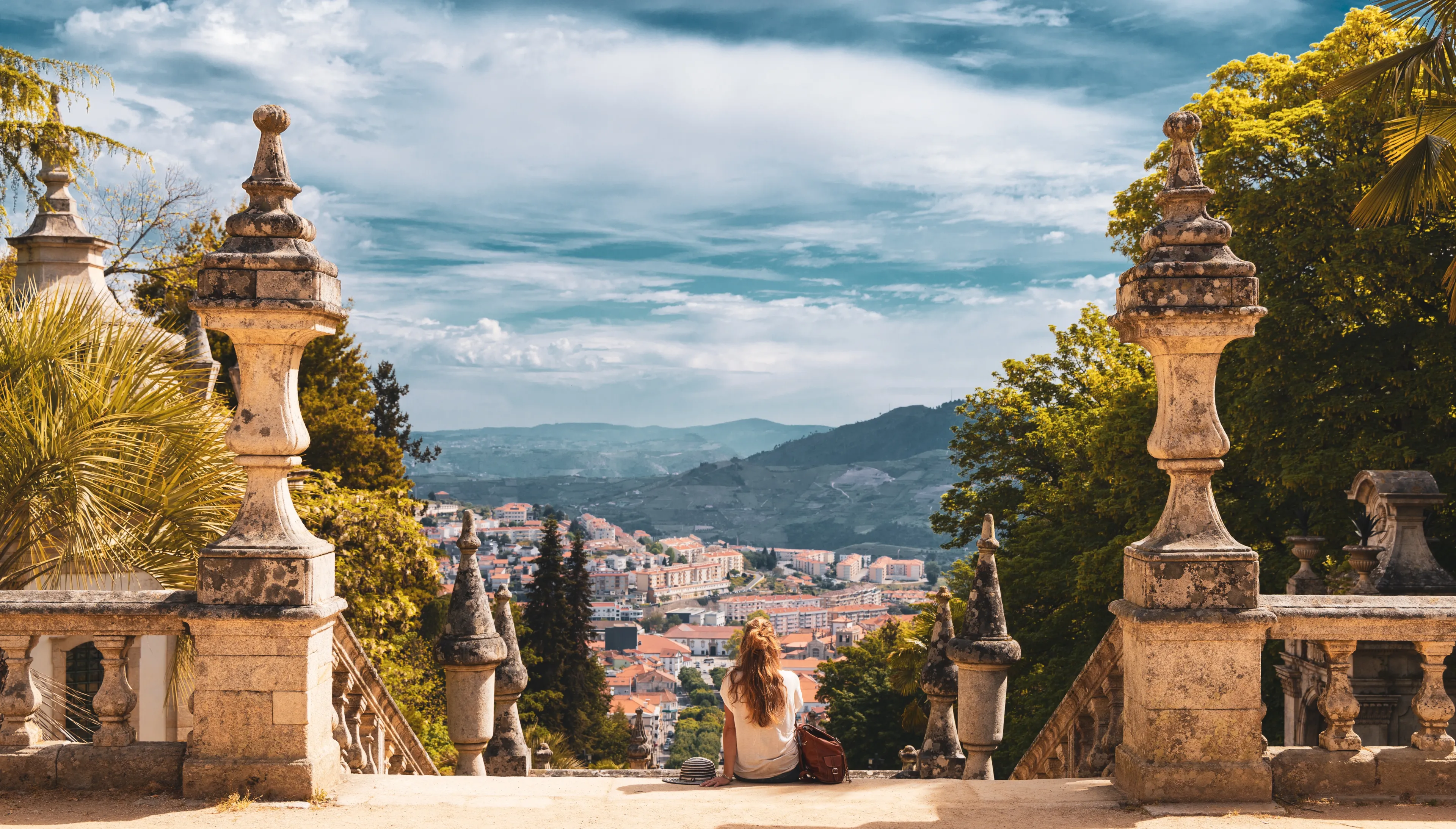 Lamego city landscape panoramic view- Woman travel in Portugal- Viseu province, near Porto