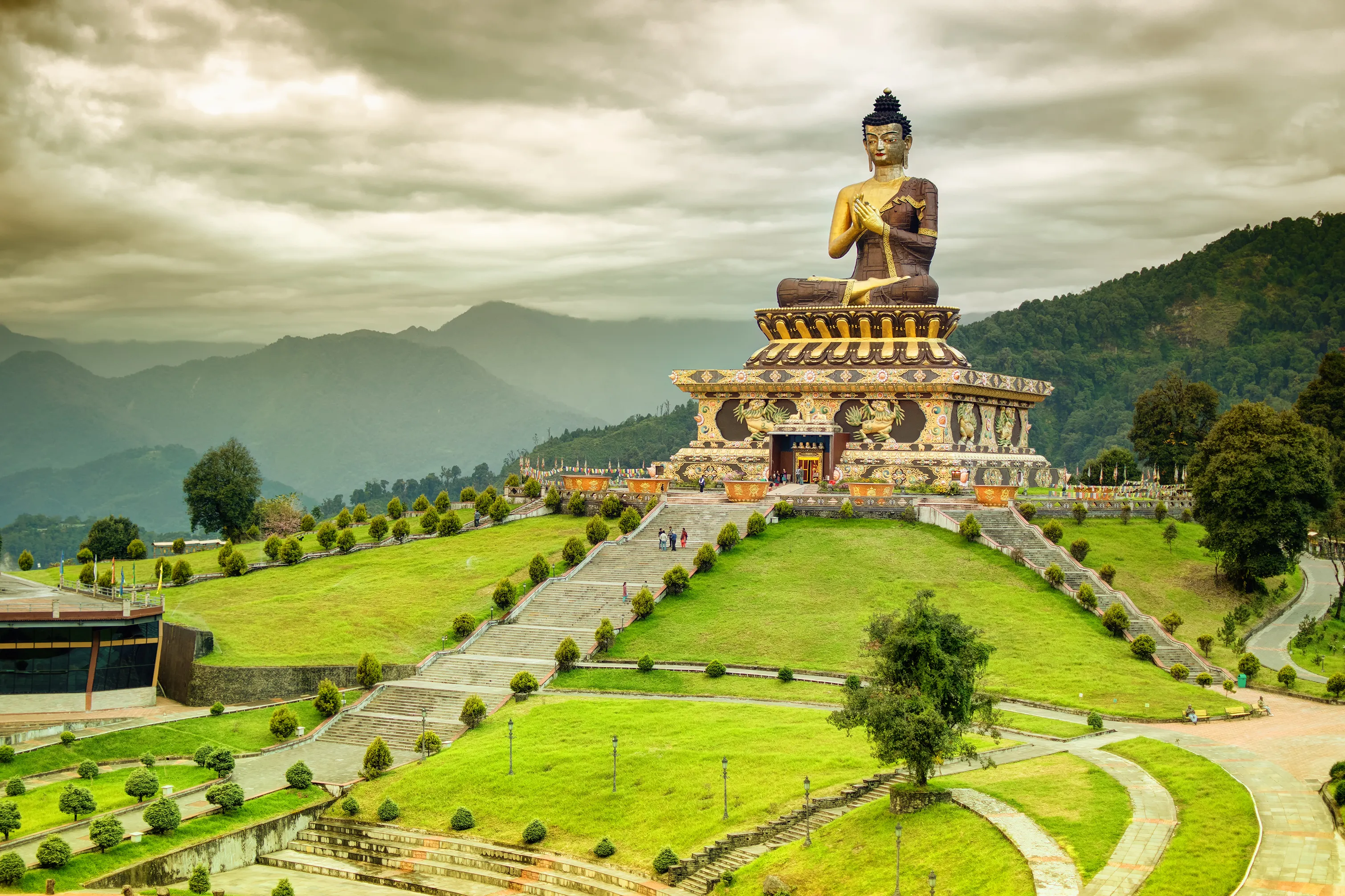 Beautiful huge statue of Lord Buddha, at Rabangla , Sikkim , India. Surrounded by Himalayan Mountains it is called Buddha Park - a popular tourist attraction.
