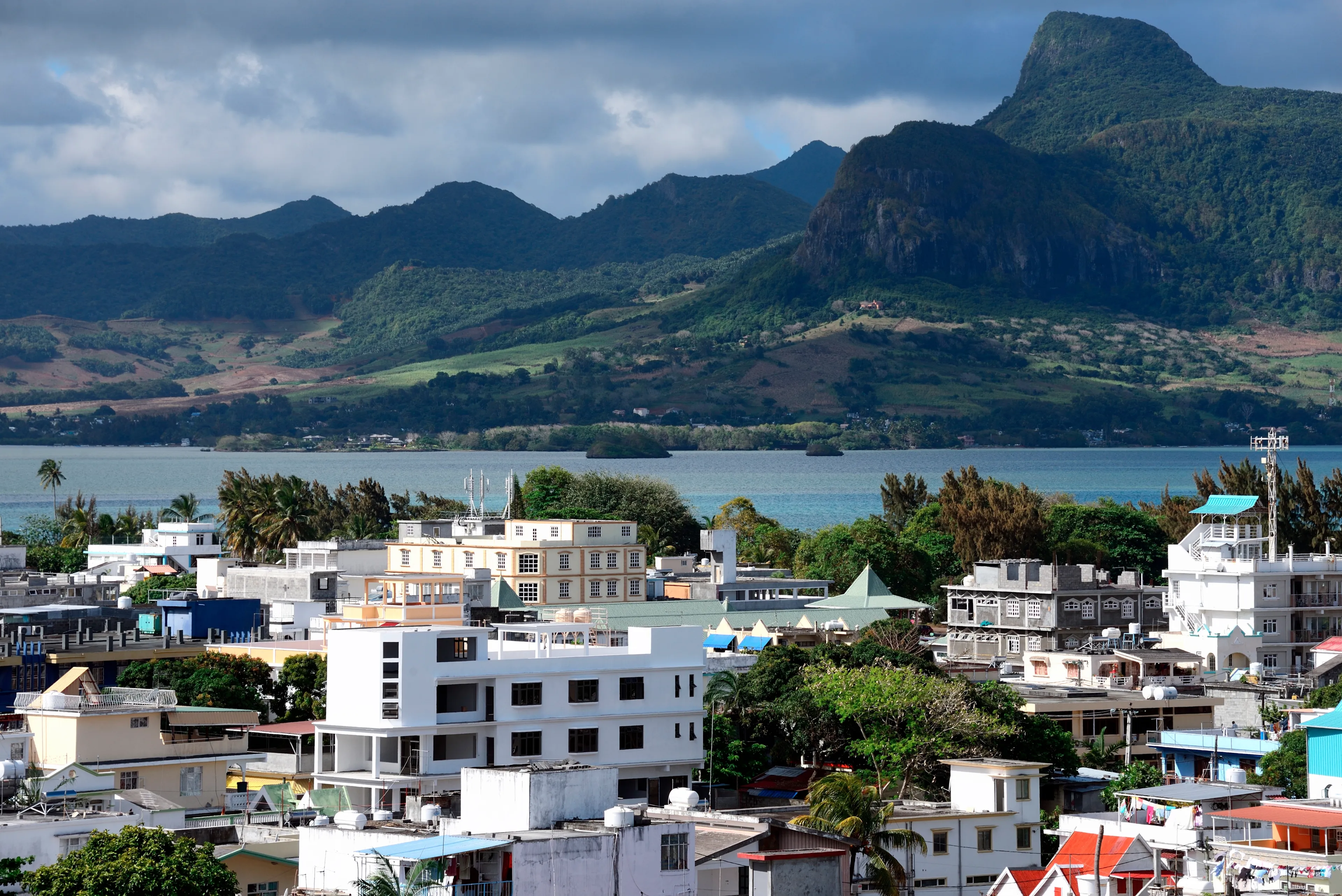 Mahébourg, Mauritius, Mascarene Islands,  Mascarenhas Archipelago, Africa - 10.2015 : Panoramic view of the city, Lion mountain in background, Grand Port district, southeastern coast of Mauritius, 