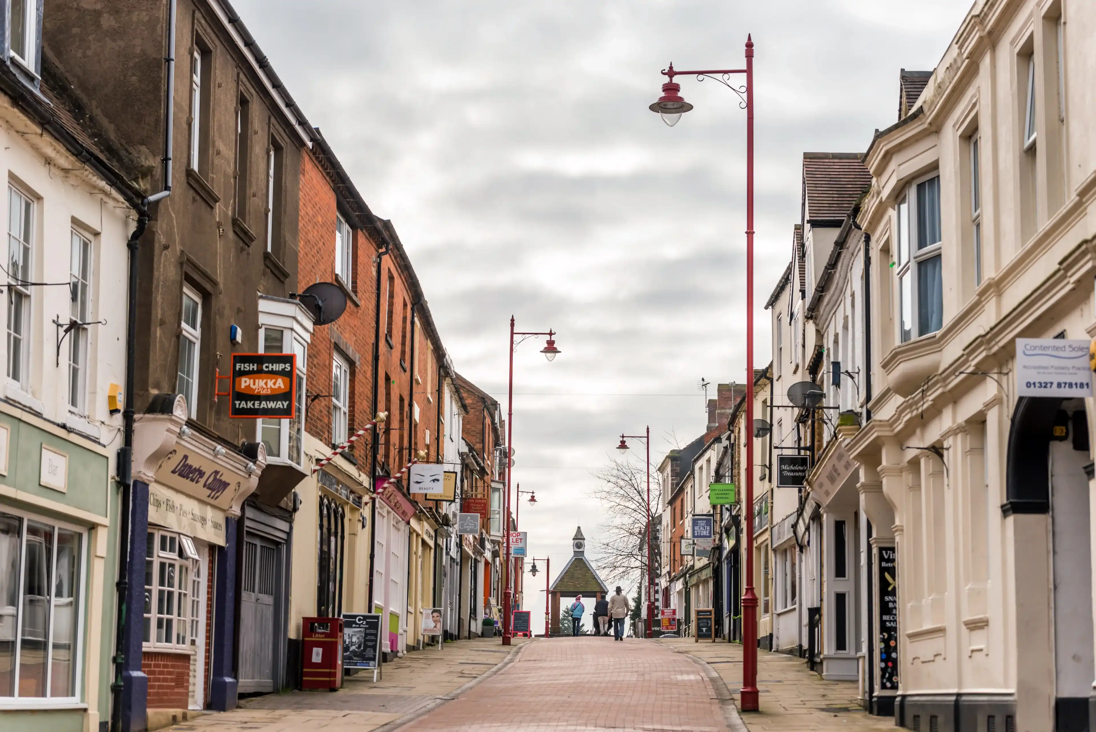 Daventry UK March 13 2018: Day view of Sheaf Street in Daventry town centre Daventry UK March 13 2018: Day view of Sheaf Street in Daventry town centre