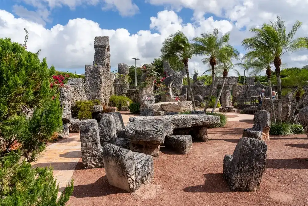 Homestead, FL, USA - January 1, 2022: Coral Castle Museum is shown in Homestead near Miami, FL, USA, an oolite limestone structure created by the Latvian-American eccentric Edward Leedskalnin. Homestead, FL, USA - January 1, 2022: Coral Castle Museum is shown in Homestead near Miami, FL, USA, an oolite limestone structure created by the Latvian-American eccentric Edward Leedskalnin.