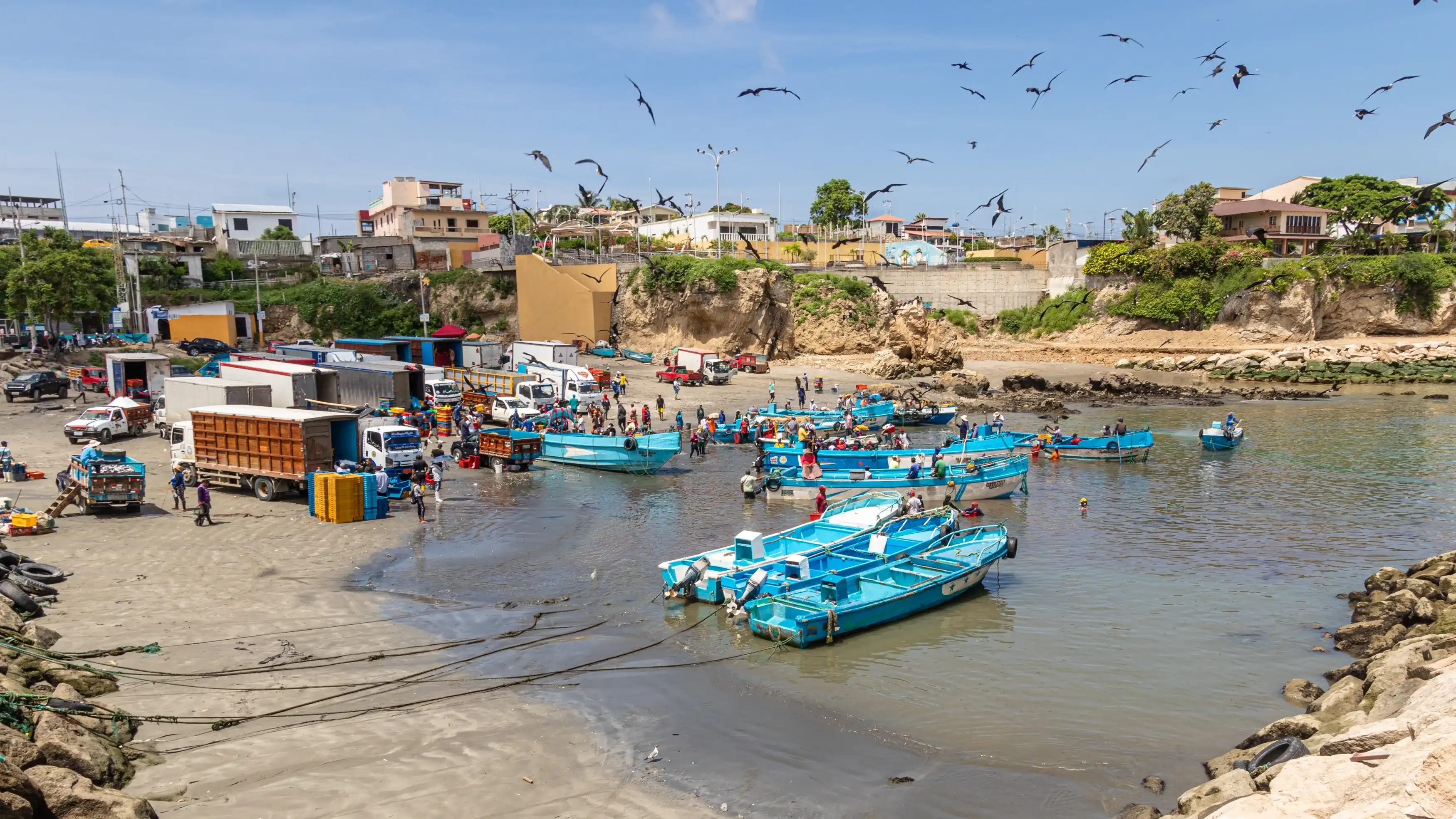 La Libertad, Ecuador - March 21, 2023: The port of La Libertad. Artisanal fishermen returning home after a night catching fish at ocean and sell their product. Ecuador, Santa Elena province La Libertad, Ecuador - March 21, 2023: The port of La Libertad. Artisanal fishermen returning home after a night catching fish at ocean and sell their product. Ecuador, Santa Elena province