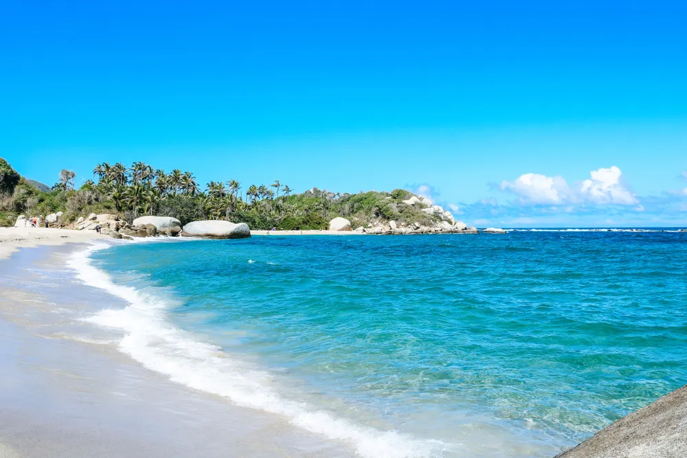 Playa Arrecife, a beautiful sandy beach inside Tayrona National Park in Barranquilla, Colombia.