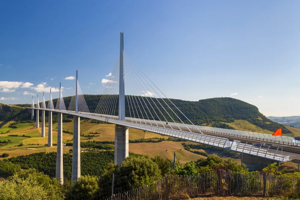 Multi-span cable stayed Millau Viaduct across gorge valley of Tarn River, Aveyron Departement, France