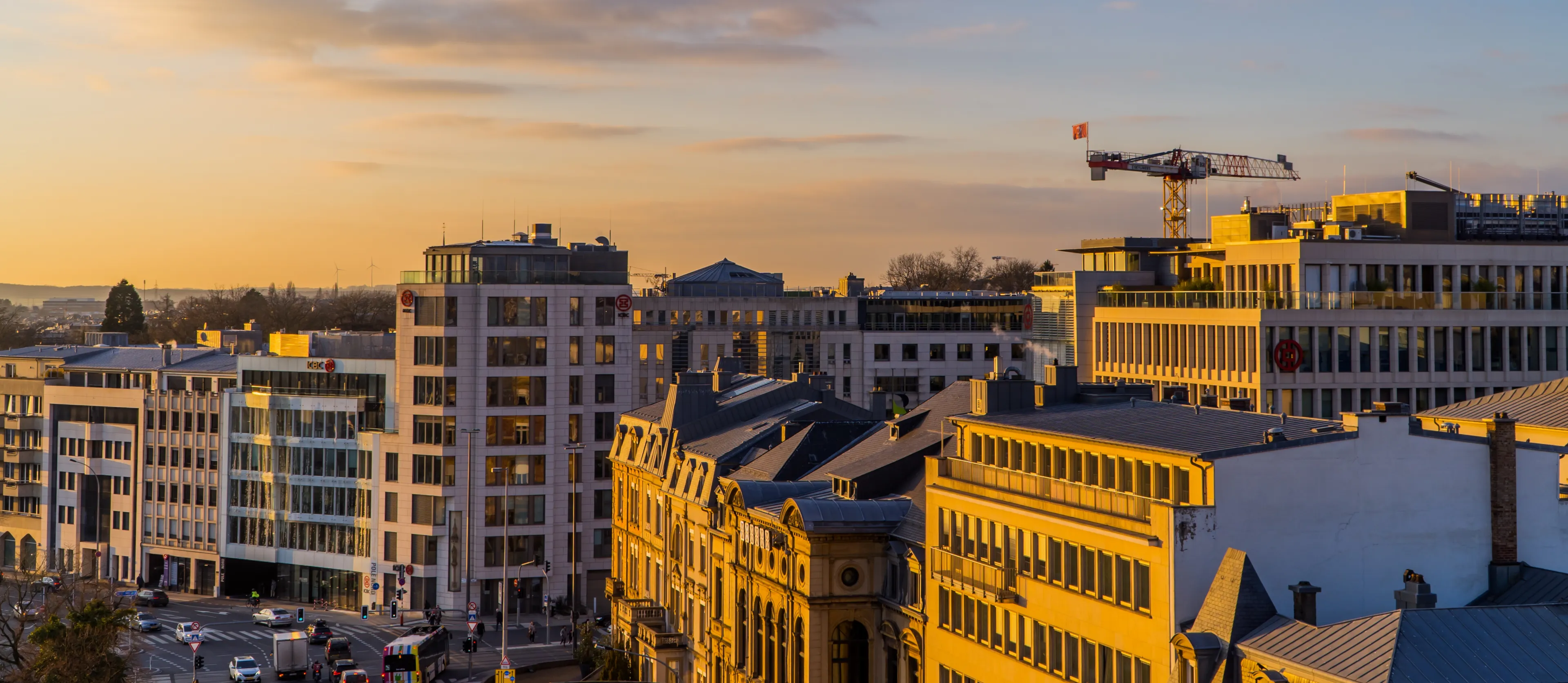Luxembourg City - December 16, 2021 - aerial view of buildings in downtown Luxembourg with banks and office buildings