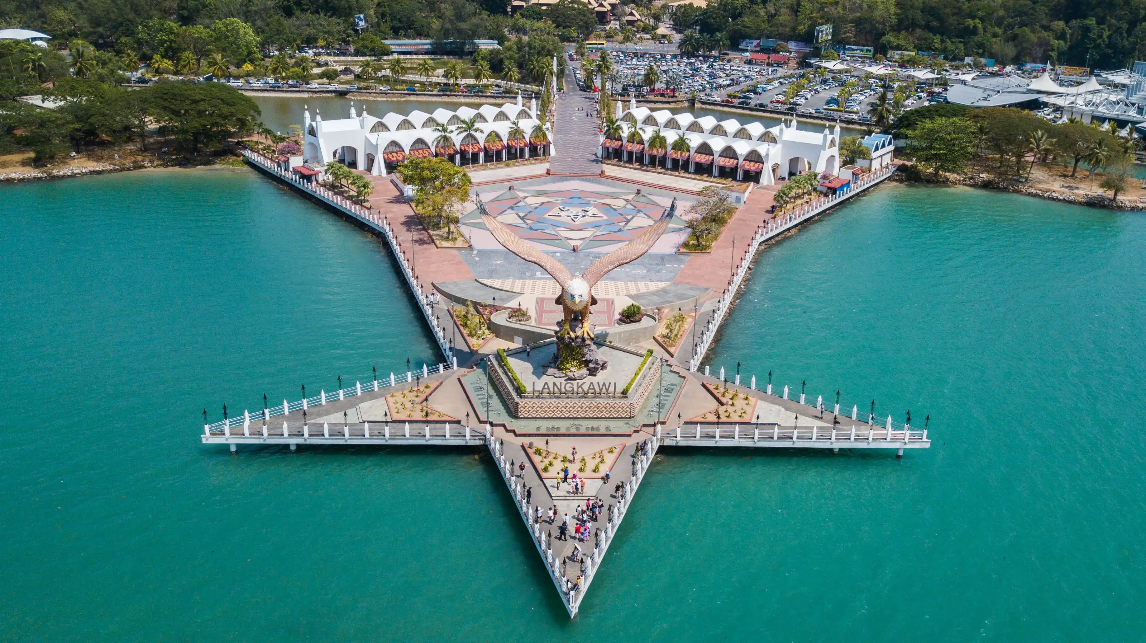 Langkawi, Malaysia - 18 March 2019. Eagle Square in Langkawi. Aerial view of Eagle Square in Langkawi, near the Kuah port. This giant statue is the symbol of Langkawi island, Malaysia