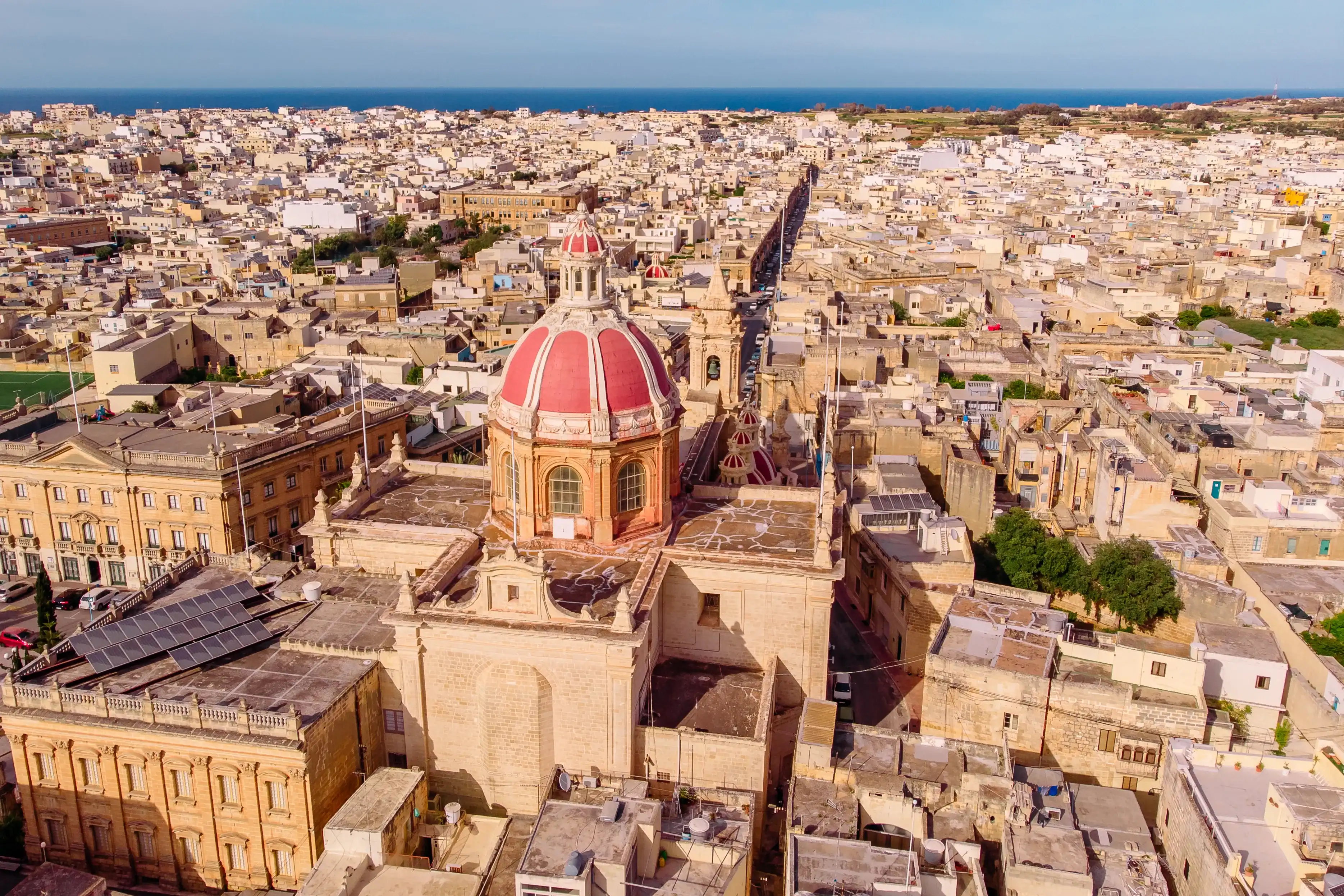 Zabbar church parish dome Malta, aerial top view.