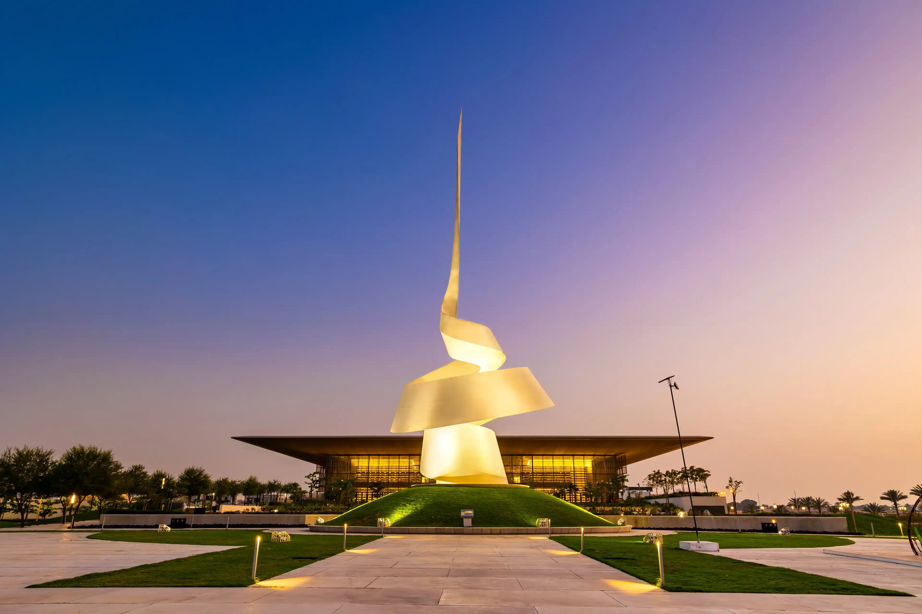 Sharjah, UAE - March 30 2022: Beautiful shot of Sharjah House of Wisdom in the evening. House of Wisdom is a new and hi tech digital library which is in Sharjah, UAE.