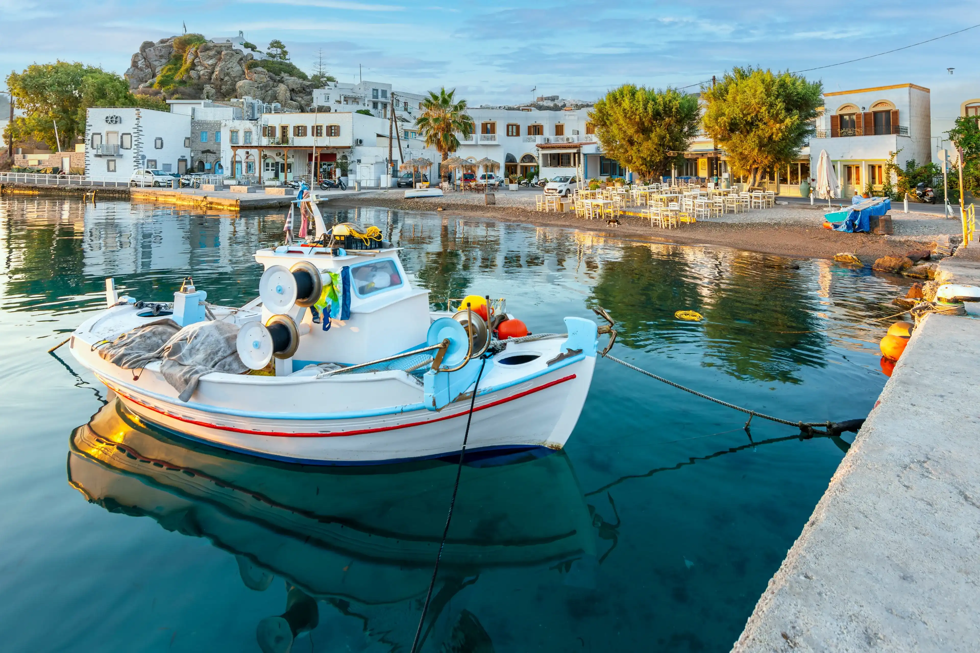 Skala Village harbour view in Patmos Island. Patmos Island is populer tourist destination in Greece. Skala Village harbour view in Patmos Island. Patmos Island is populer tourist destination in Greece.