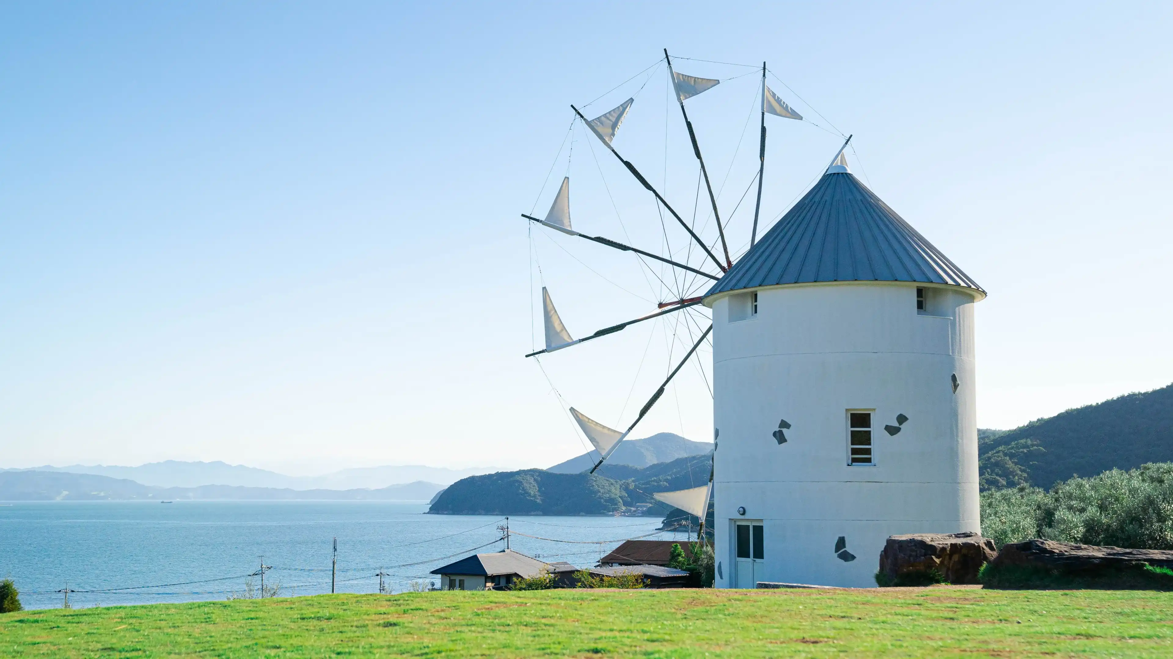 Greek Windmill. Roadside station "Olive park" on Shodoshima, Kagawa Prefecture, Japan. Shodoshima is considered the birthplace of olive cultivation in Japan.