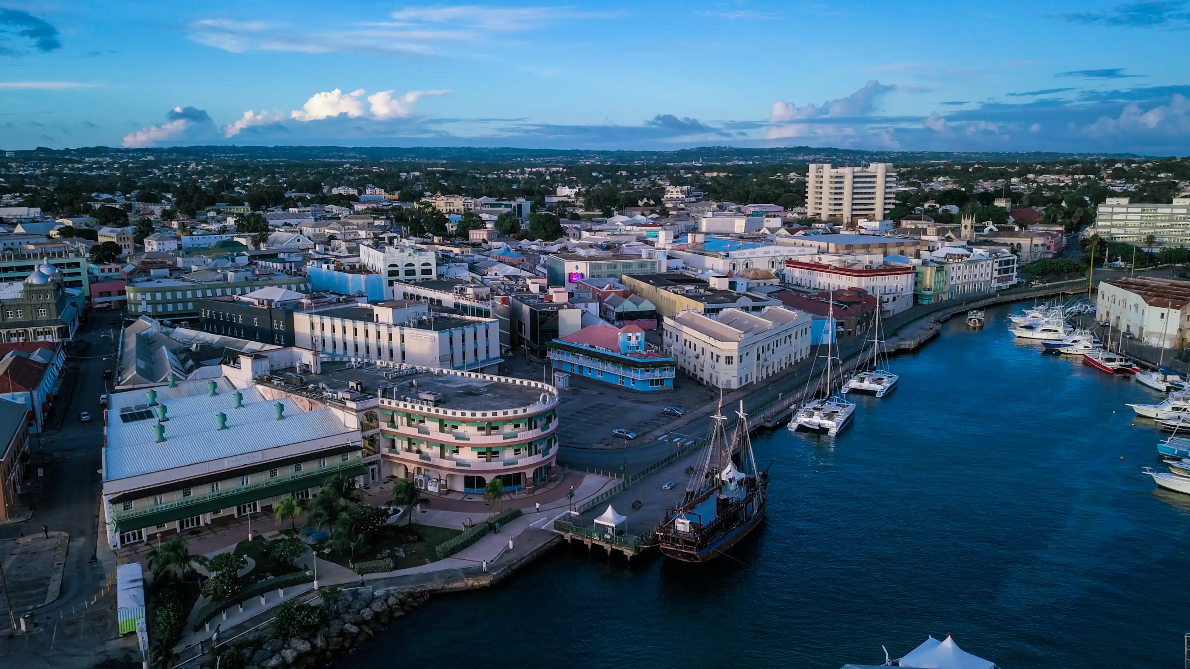 Barbados, Bridgetown - October 22, 2018: Aerial View to the Bridgetown with the Blue Water