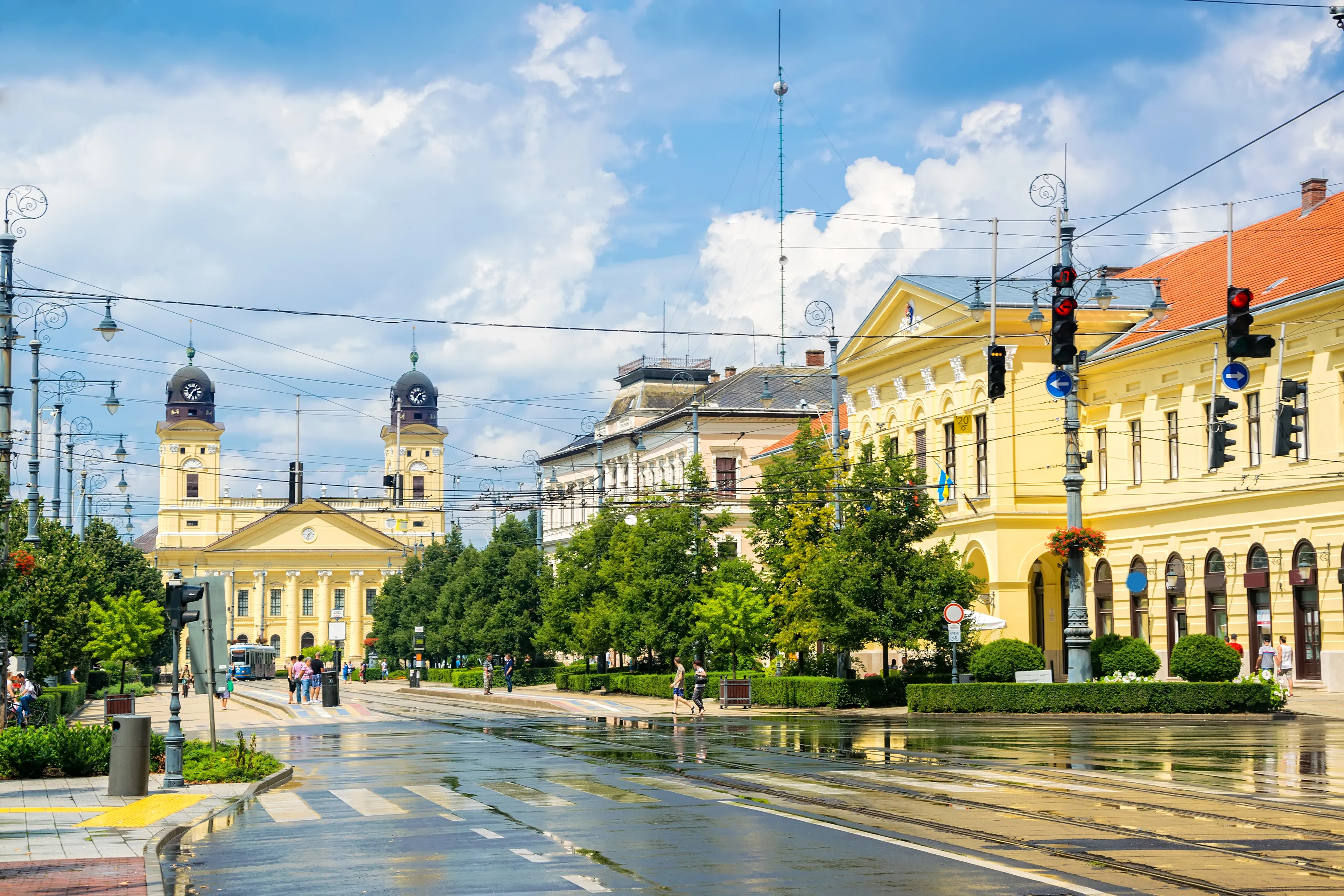 Scenic view of Debrecen, the second largest city in Hungary with Piac street in city city center at sunny summer day after rain